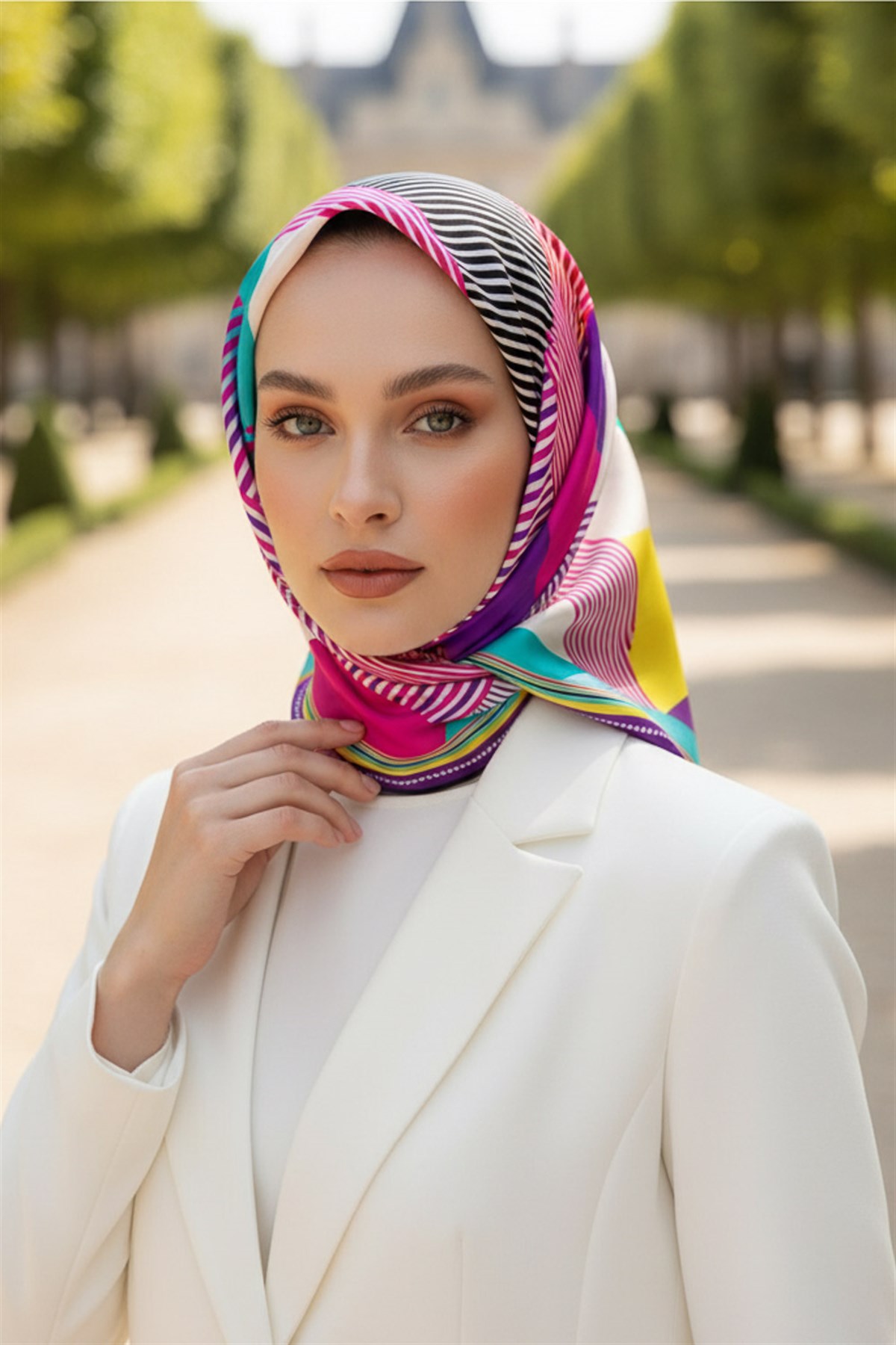 %100 Twill İpek Geometrik Desenli Fuşya - Mor Renkli 90x90 Eşarp Dikim Şekli : El Dikişi