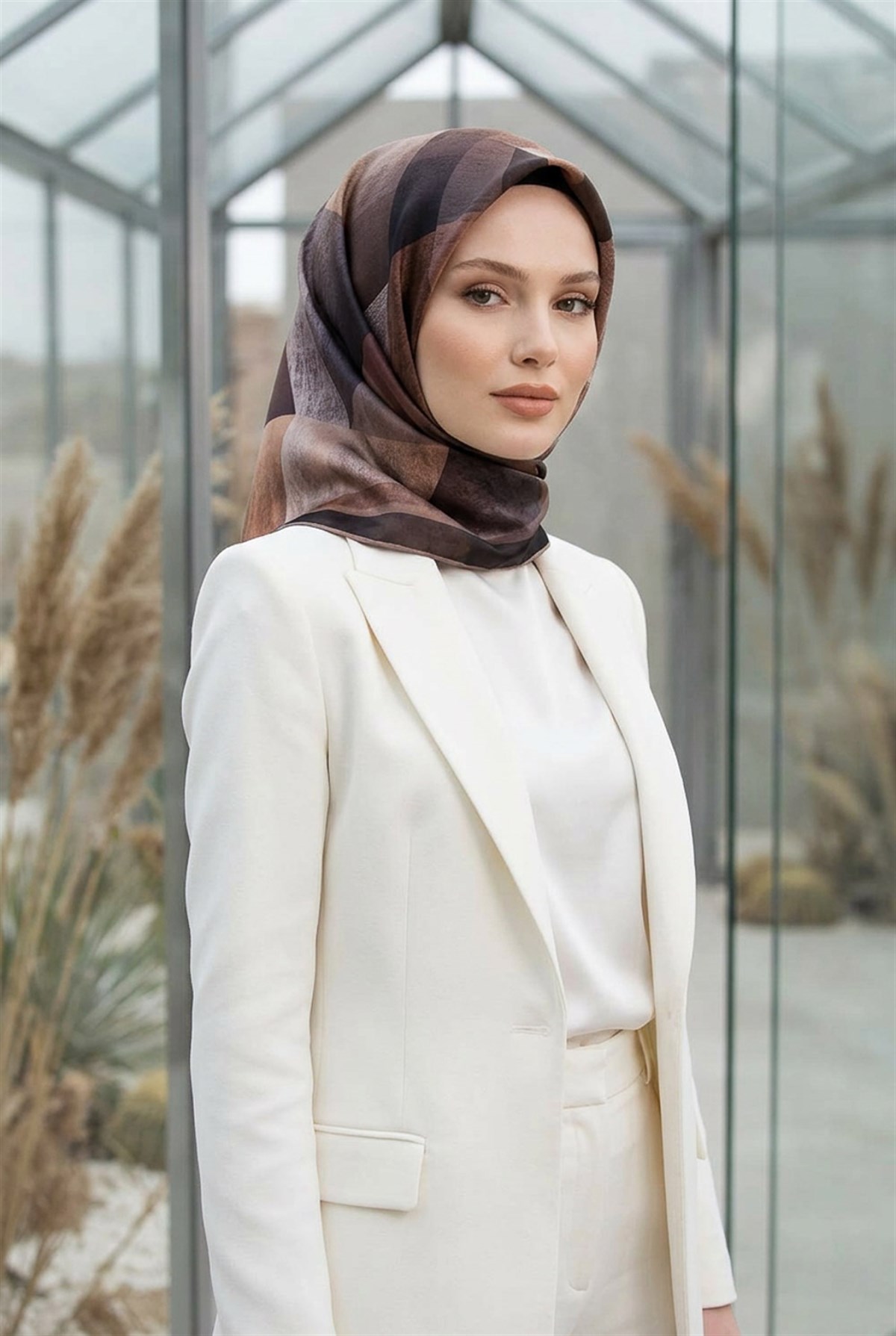 % 57 İPEK % 43 VİSKON Twill İpek Geometrik Desenli Soğan Kabuğu - Bej Renkli 90x90 Eşarp Dikim Şekli : El Dikişi
