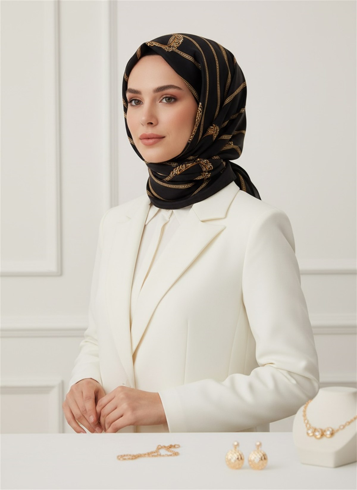 100% İPEK KEMER DESENLİ SİYAH - GOLD RENKLİ ŞAL