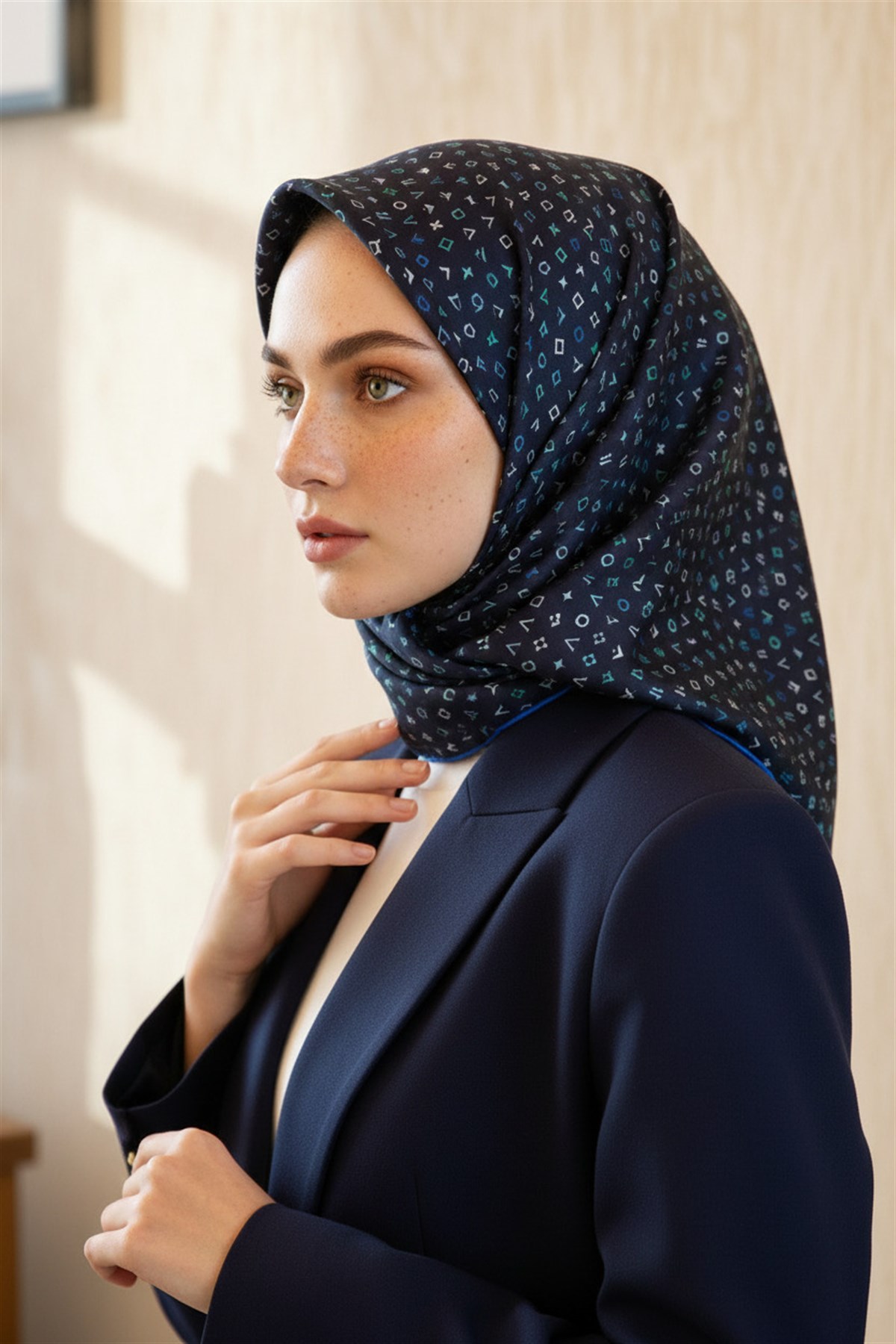 %100 Twill İpek Çıtır Motif Desenli Lacivert - İndigo Renkli 90x90 Eşarp Dikim Şekli : El Dikişi