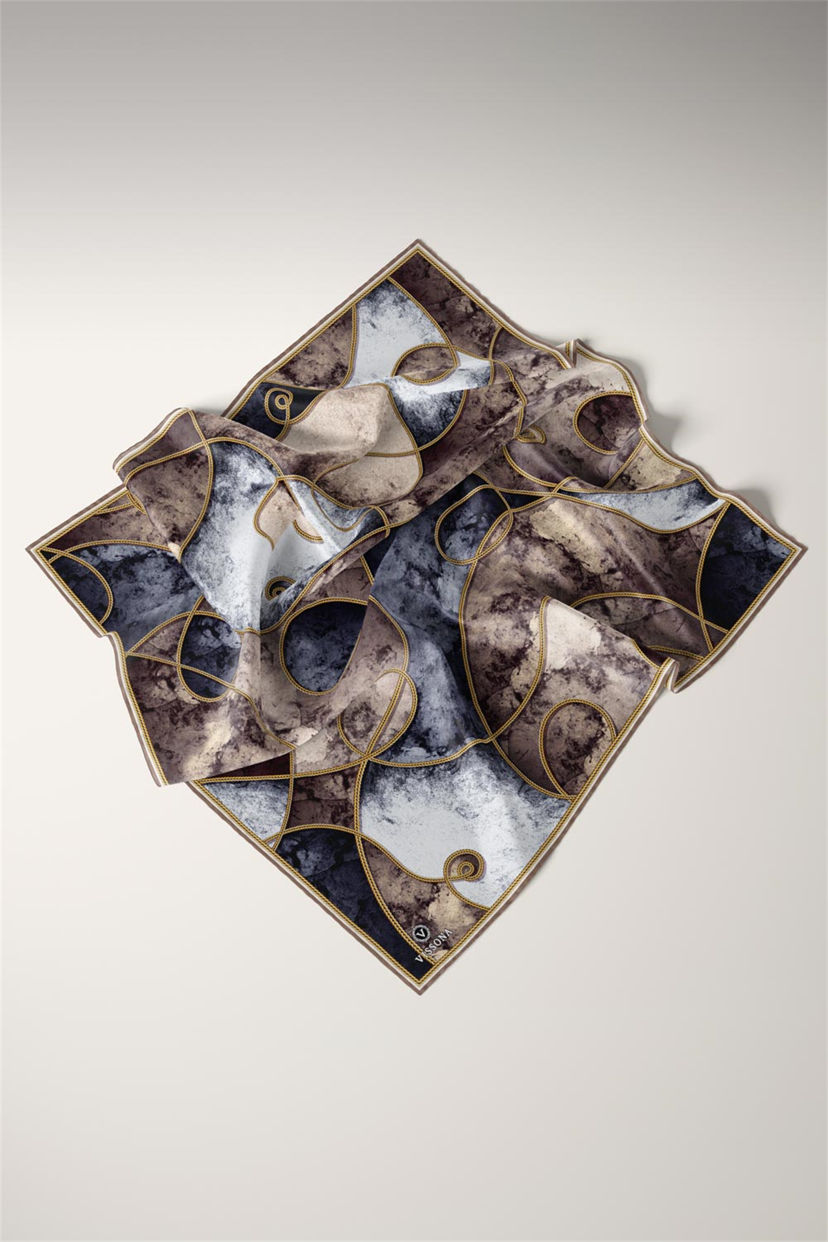 % 57 İPEK % 43 VİSKON Twill İpek Zincirli Mermer Desenli Bej - Gri Renkli 90x90 Eşarp Dikim Şekli : El Dikişi