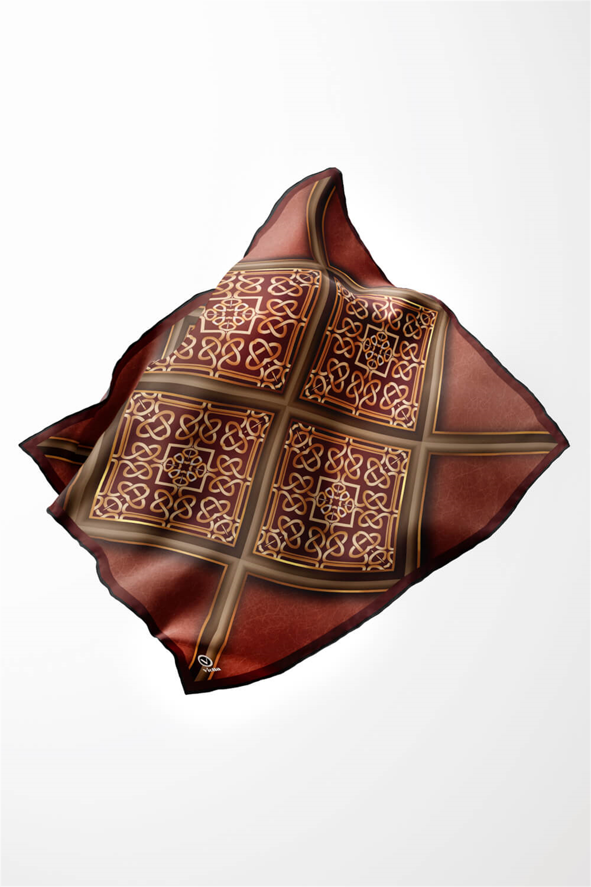 Twill Gold Çerçeveli Barok Desenli Taba Renkli 90x90 Eşarp (İpek İçermez) Kenar Dikiş Şekli El Dikişli