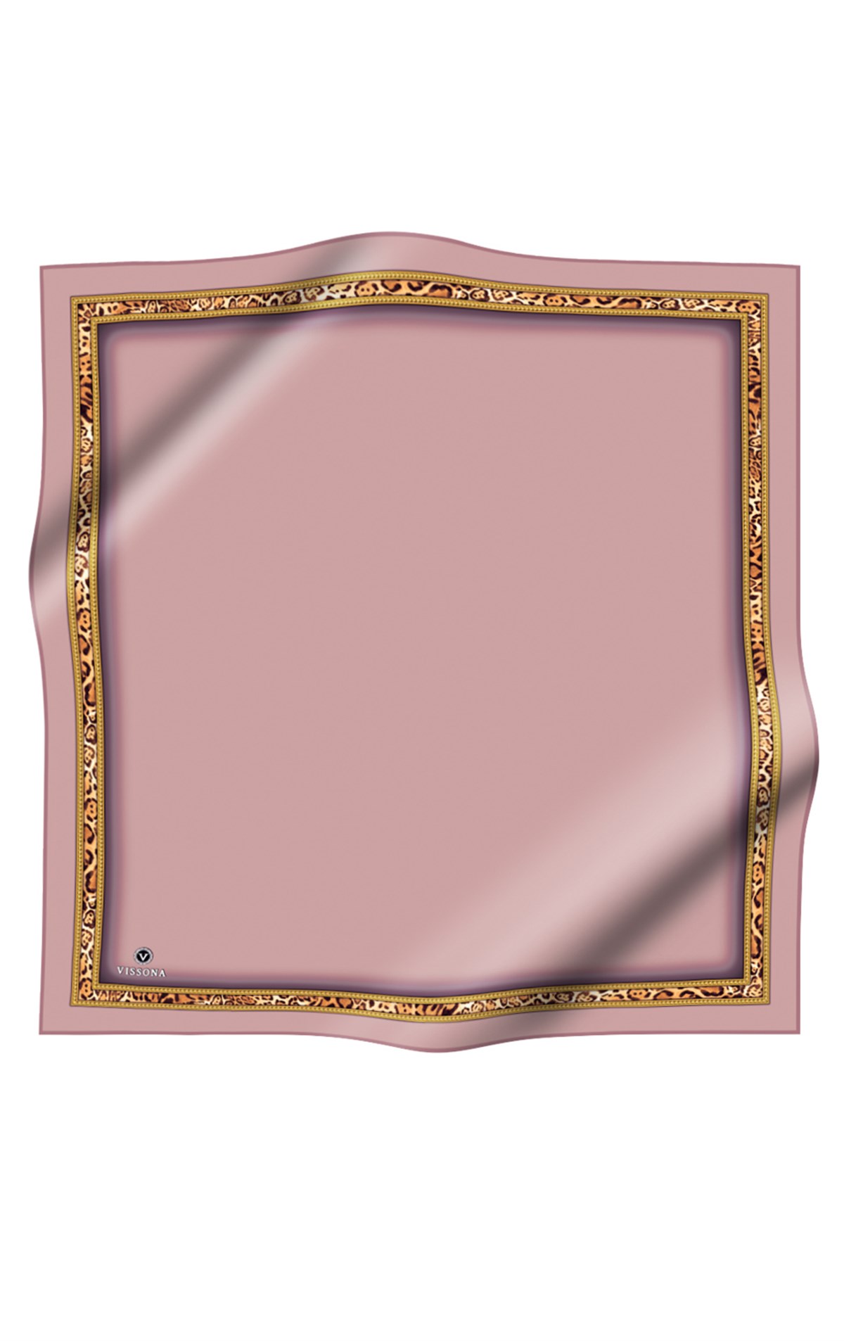 %100 Twill İpek Bordürü Leoparlı Düz Desenli Pudra - Gold Renkli 90x90 Eşarp Dikim Şekli : El Dikişi