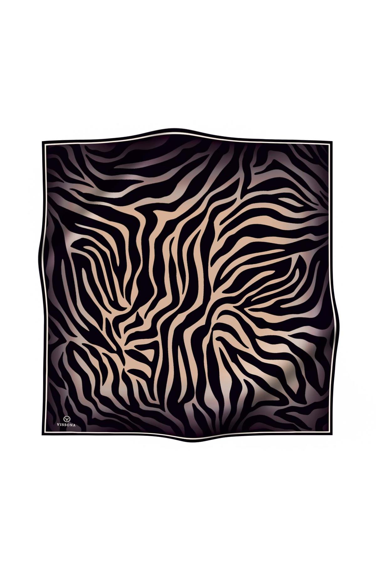 %100 Twill İpek Zebra Desenli Bej - Siyah Renkli 90x90 Eşarp Dikim Şekli : El Dikişi