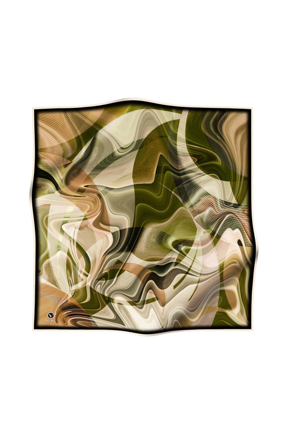 Twill Soyut Dalga Desenli Haki Renkli 90x90 Eşarp (İpek İçermez) Dikim Şekli : El Dikişi