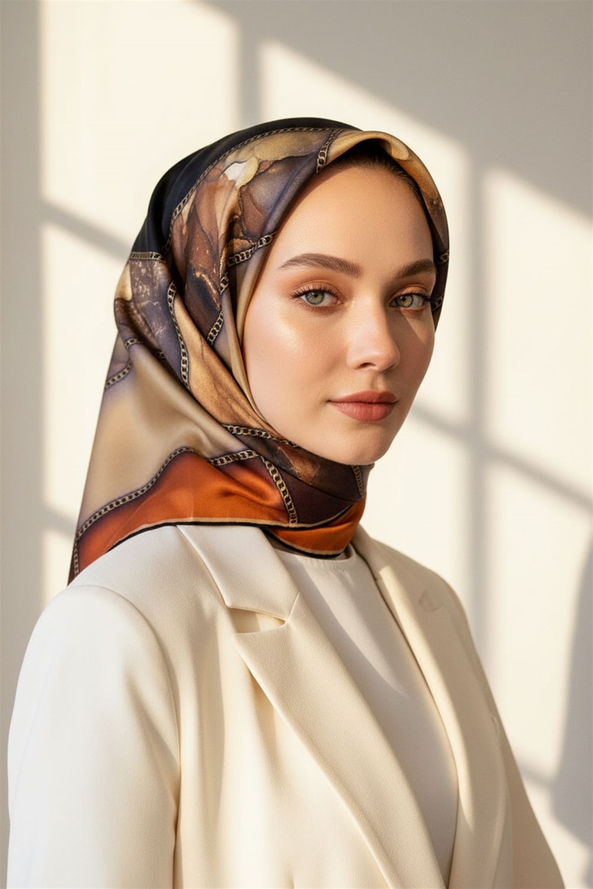 % 57 İPEK % 43 VİSKON Twill İpek Efektli Bant Desenli Taba - Bej Renkli 90x90 Eşarp Dikim Şekli : El Dikişi