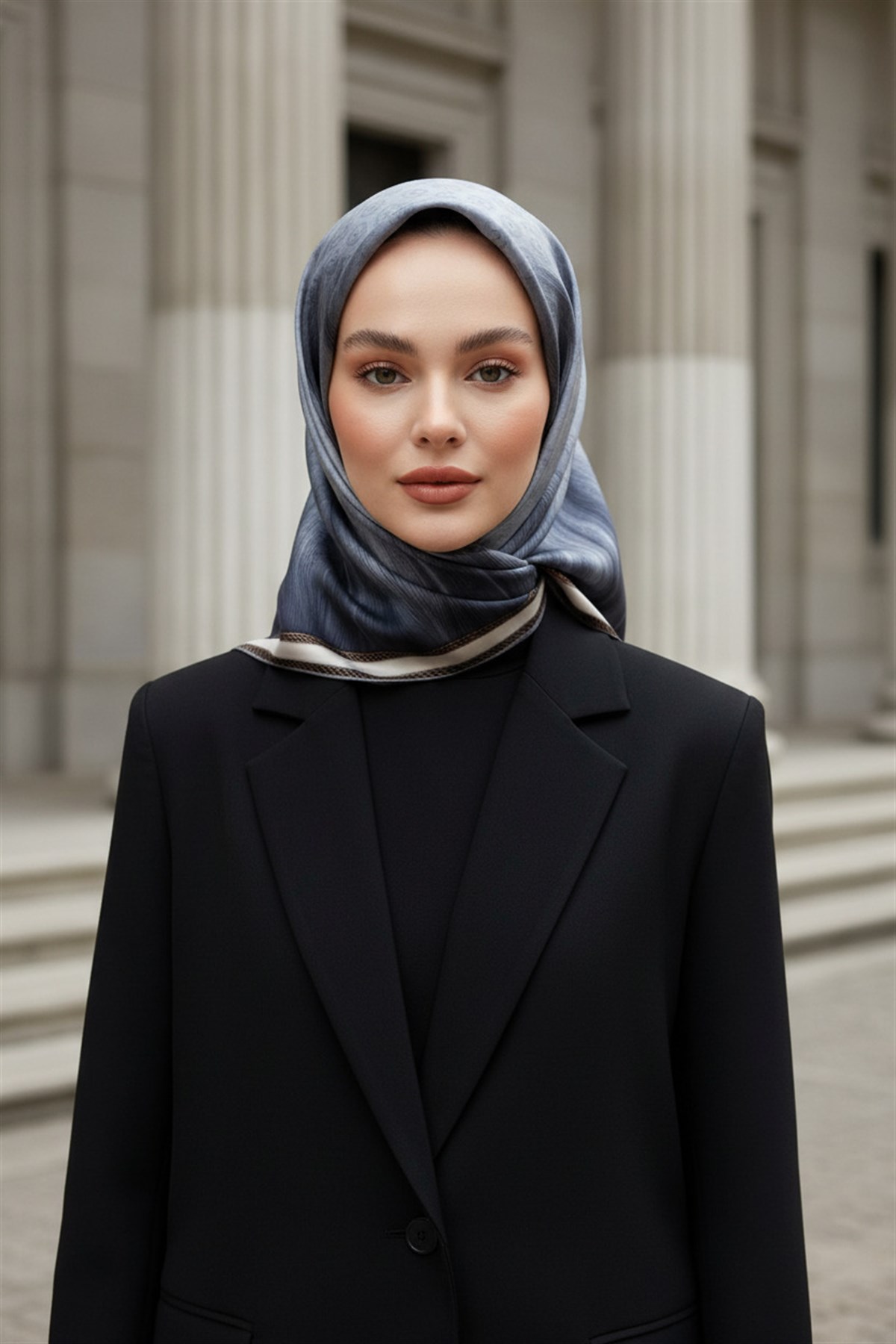 % 57 İPEK % 43 VİSKON Twill İpek Monogram Desenli Gri Renkli 90x90 Dikim Şekli : El Dikişi Eşarp