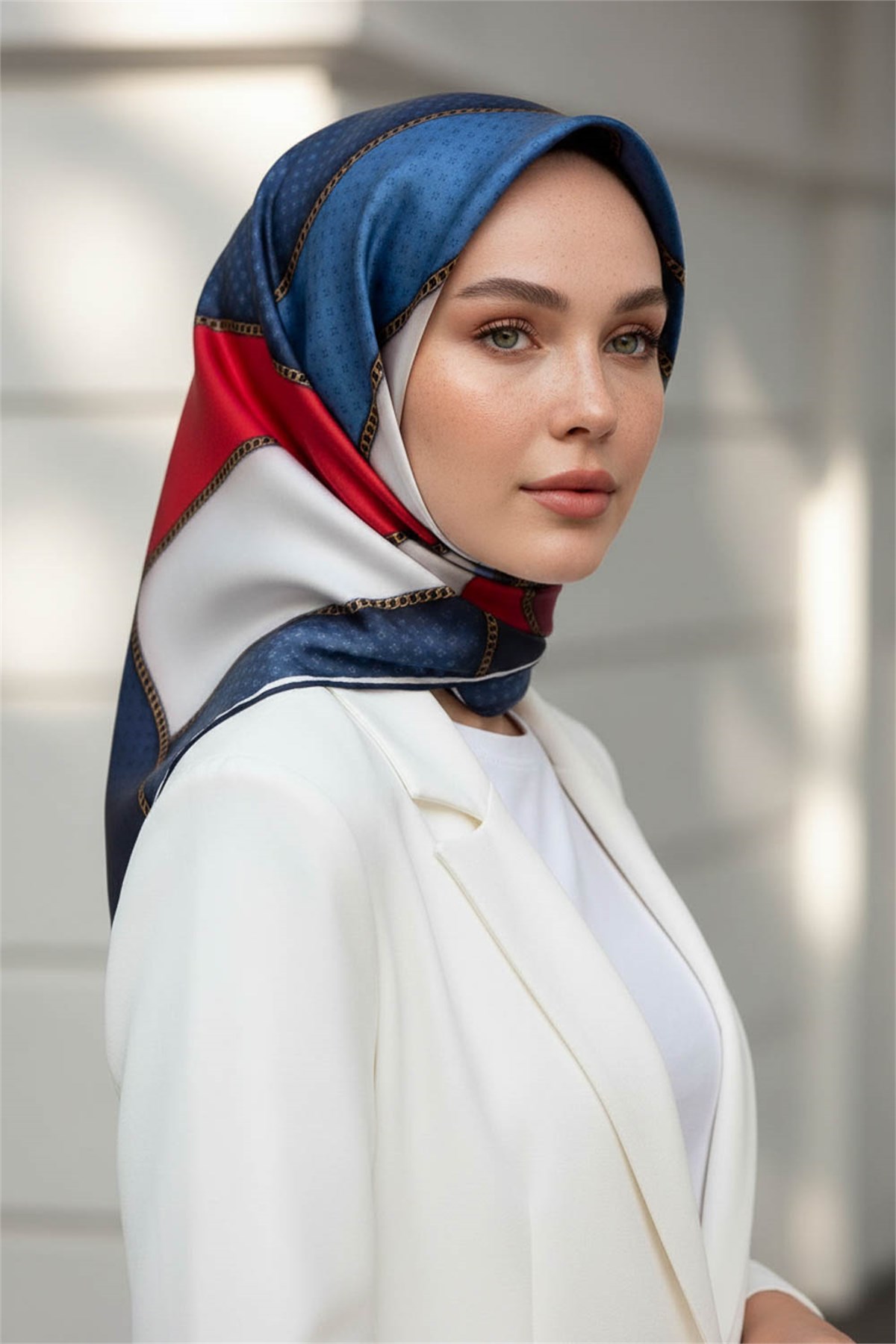 %100 Twill İpek Eşarp 90x90 Geometrik Kare Desenli El Dikişli Kadın Eşarp