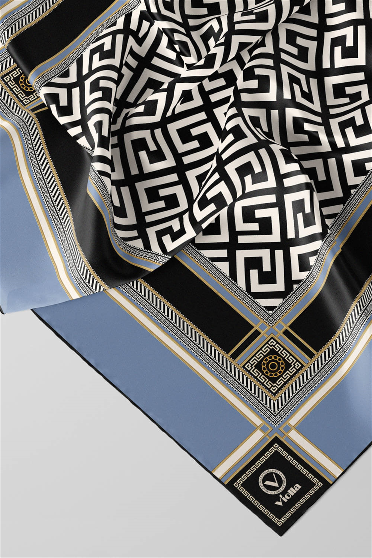Twill Antik Desenli Bebe Mavisi Renkli 90x90 Eşarp (İpek İçermez) Kenar Dikiş Şekli El Dikişli