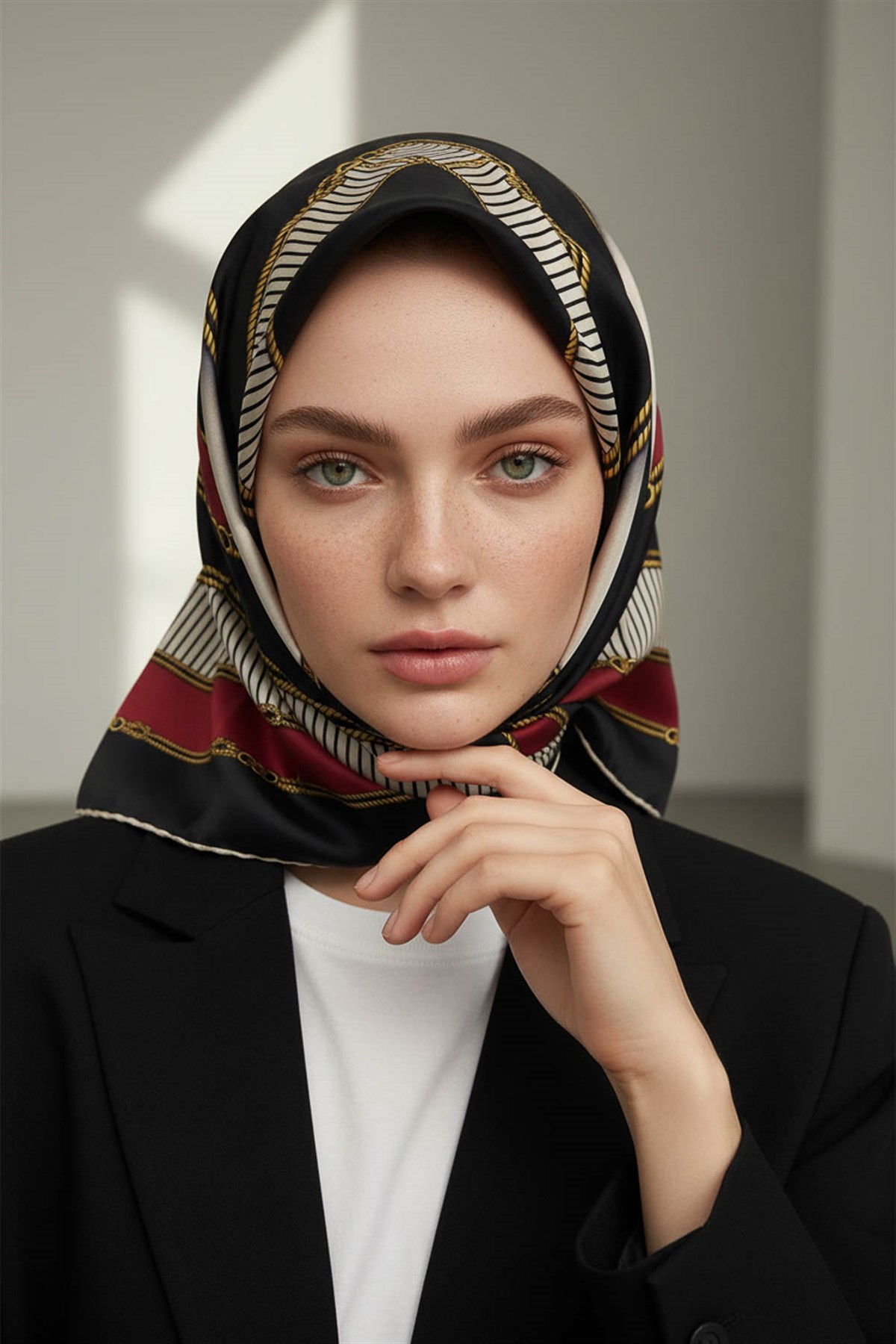 %100 Twill İpek Zincir Detaylı Geometrik Desenli Bordo - Siyah Renkli 90x90 Eşarp Dikim Şekli : El Dikişi