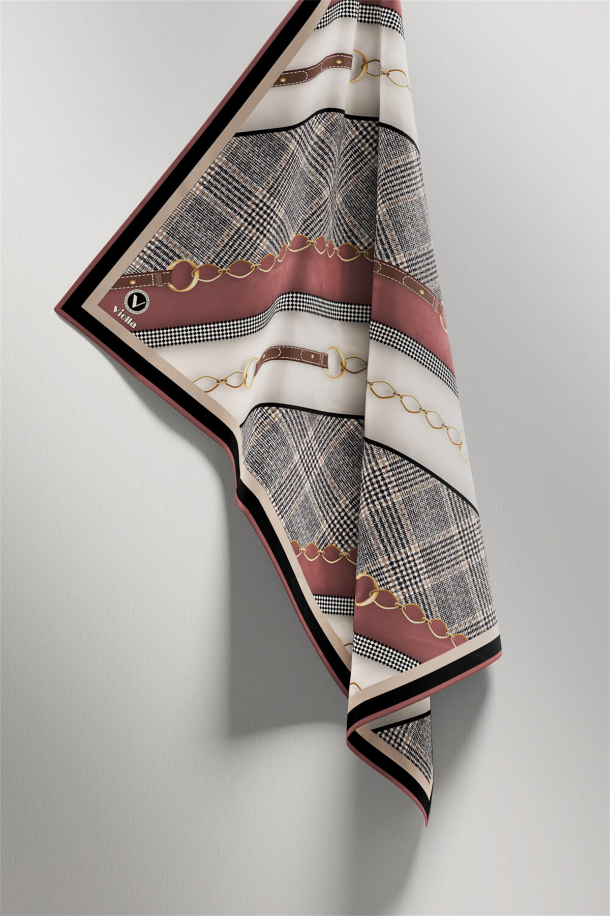 Twill Kemer Desenli Pudra Renkli 90x90 Eşarp (İpek İçermez) Kenar Dikiş Şekli El Dikişli