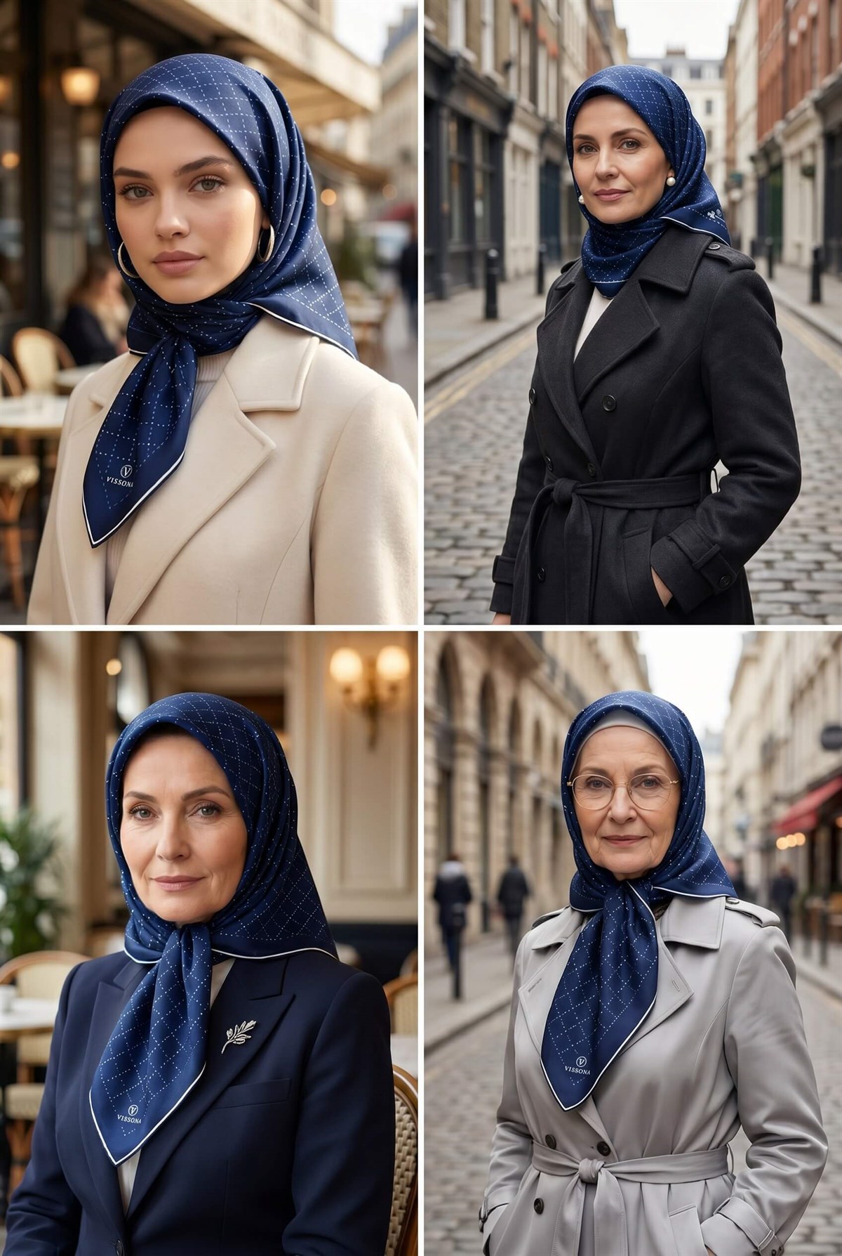 %100 Twill İpek Minik V Desenli Lacivert Renkli 90x90 Eşarp Dikim Şekli : El Dikişi