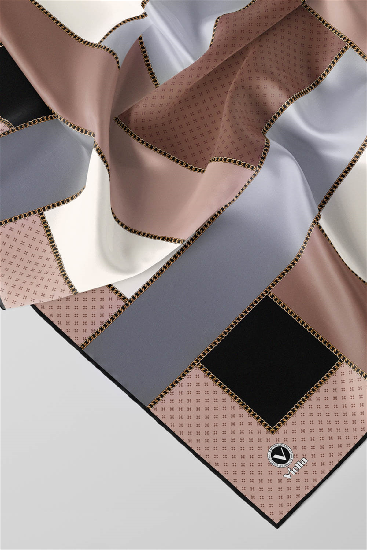 Twill Geometrik Desenli Gri - Bej Renkli 90x90 Eşarp (İpek İçermez) Kenar Dikiş Şekli El Dikişli
