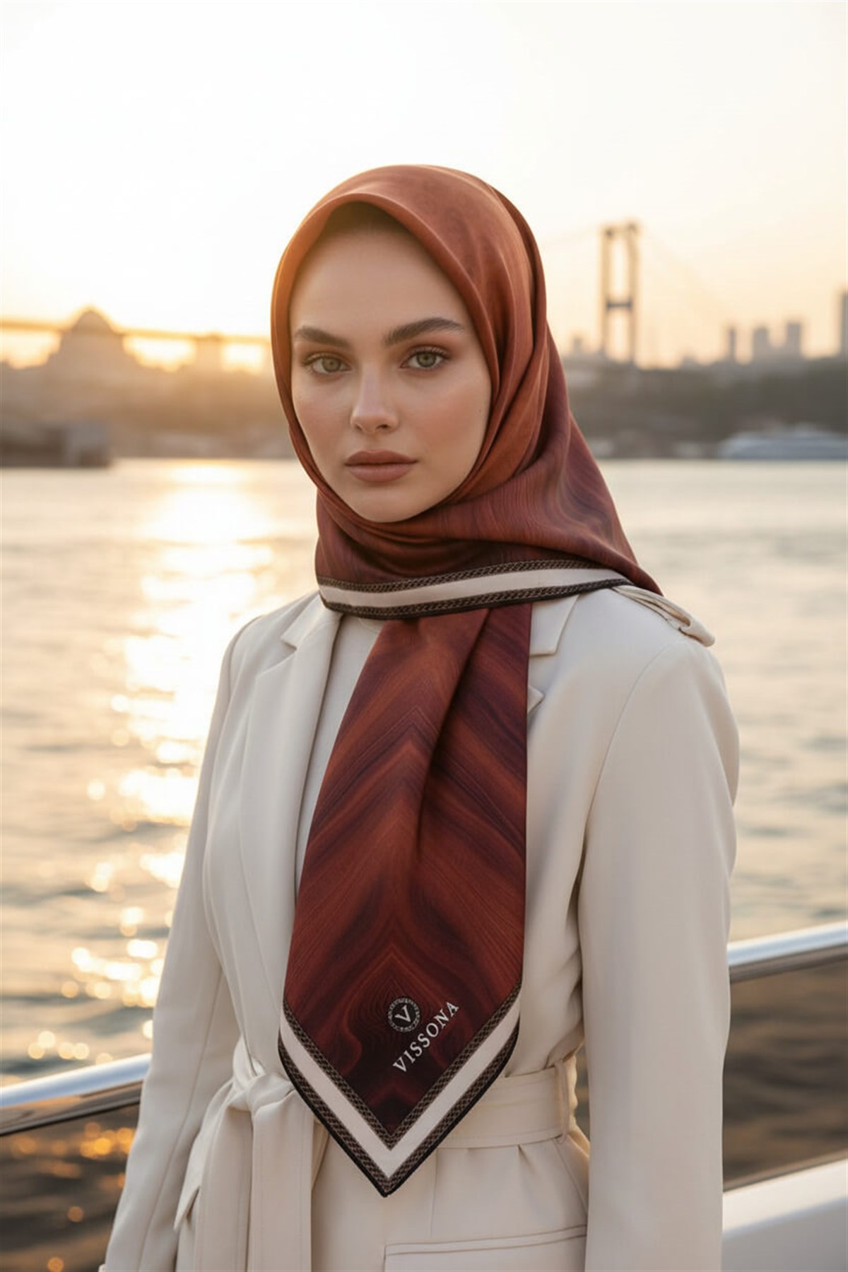 100% Twill İpek Monogram Desenli Taba Renkli 90x90 Dikim Şekli : El Dikişi Eşarp