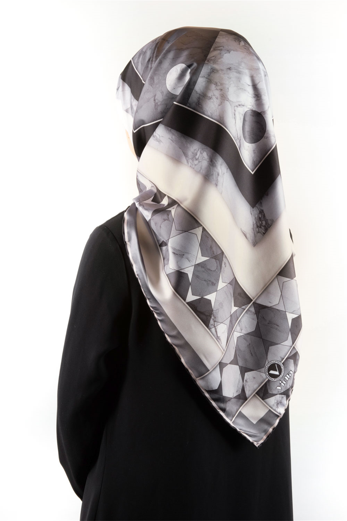Twill Geometrik Mermer Desenli Gri Renkli 90x90 Eşarp (İpek İçermez) Kenar Dikiş Şekli El Dikişli