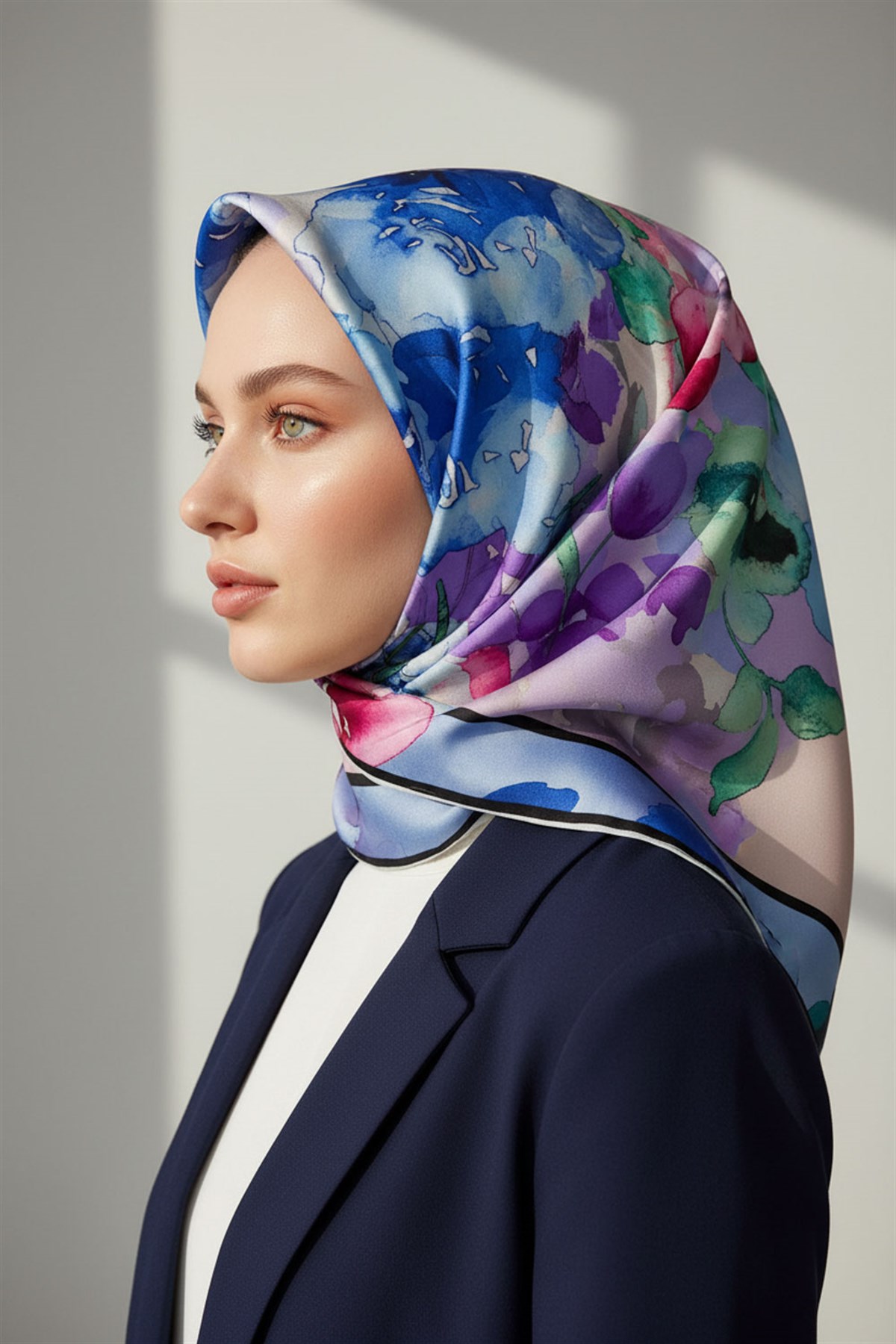 %100 Twill İpek Sulu Boyalı Çiçek Desenli Bebe Mavisi - Pembe Renkli 90x90 Eşarp Dikim Şekli : El Dikişi