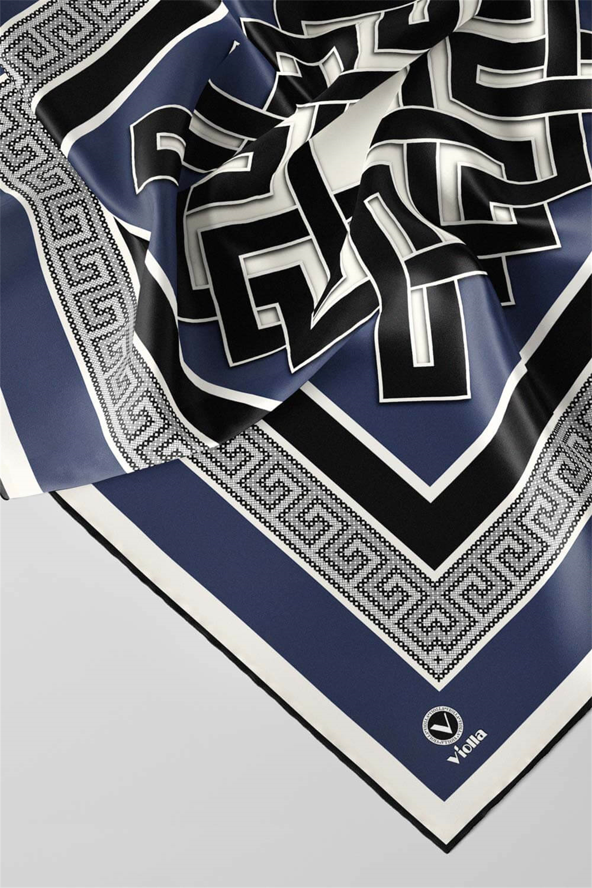 Twill Çizgili Sonsuzluk Düğümü Desenli İndigo Renkli 90x90 Eşarp (İpek İçermez)