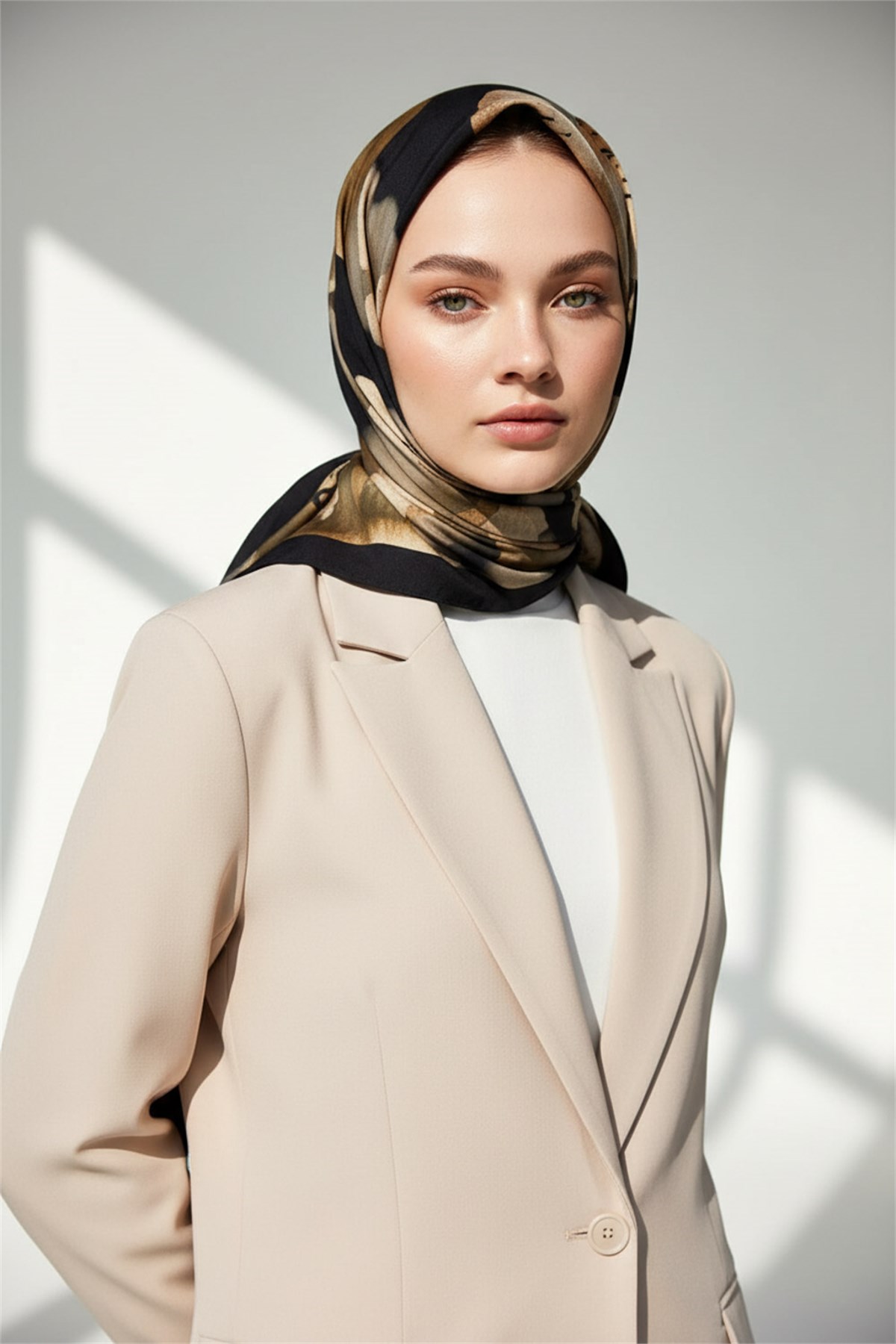 KREP FIRÇA DOKULU ÇİZGİ ÇİÇEK DESENLİ SİYAH - BEJ RENKLİ 75X195 KIRIŞMAZ ŞAL