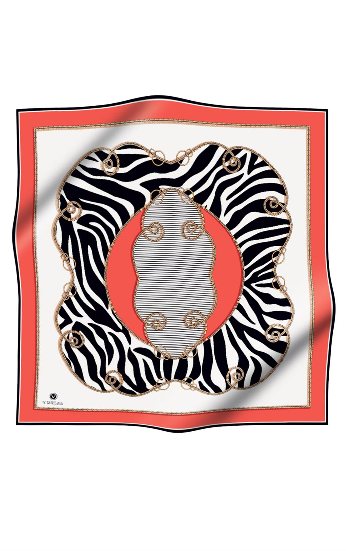 %100 Twill İpek Zincirli Ve Zebra Desenli Nar Çiçeği - Siyah Renkli 90x90 Eşarp Dikim Şekli : El Dikişi