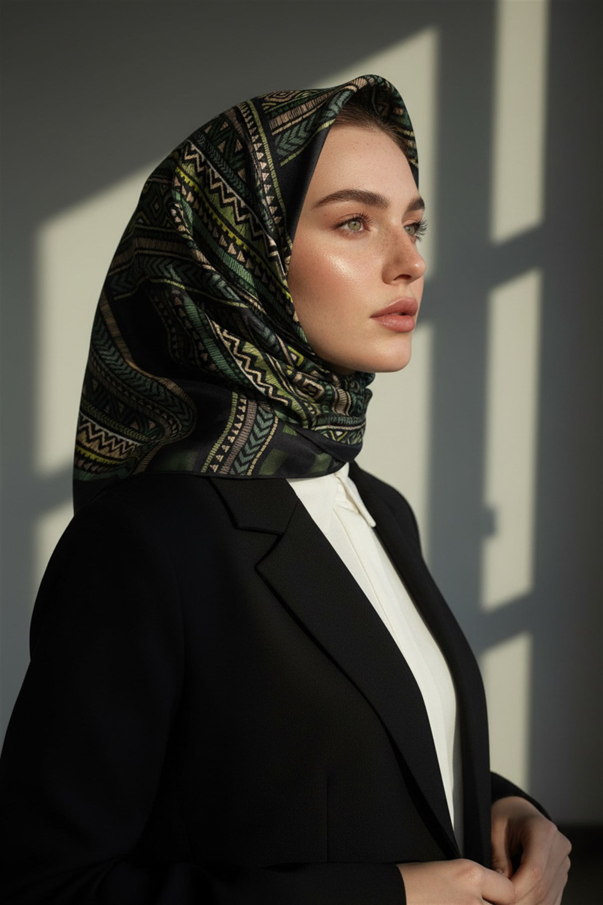 %100 Twill İpek Etnik Desenli Siyah - Zümrüt Yeşili Renkli 90x90 Eşarp Dikim Şekli : El Dikişi