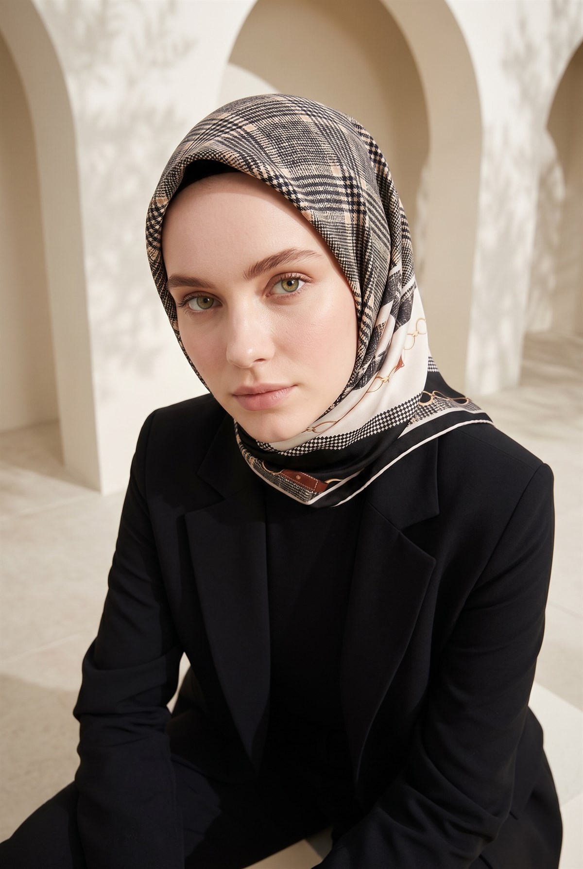 Twill Kemer ve Zincir Detaylı Ekose Desenli Siyah Renkli 90x90 Eşarp (İpek İçermez) Kenar Dikiş Şekli El Dikişli