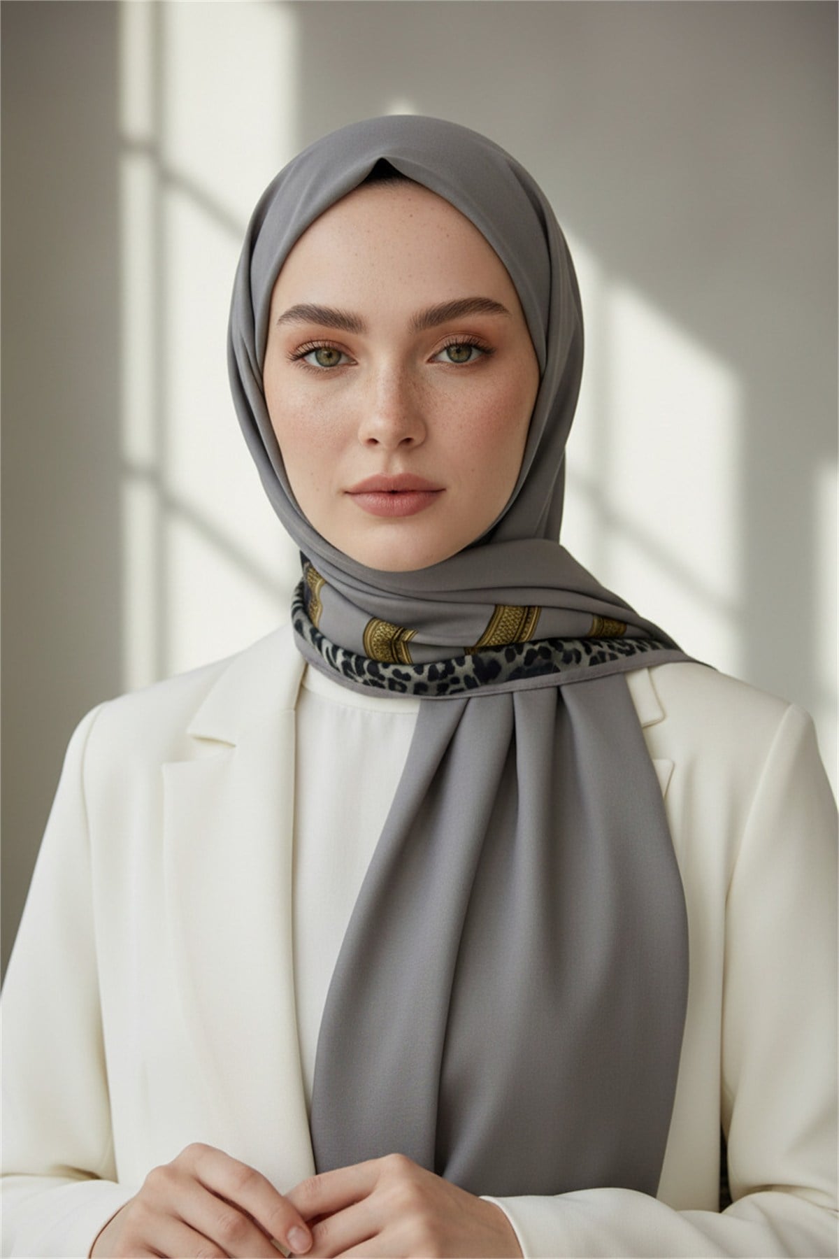KREP LEOPAR BORDÜR DESENLİ GRİ RENKLİ 75X195 KIRIŞMAZ ŞAL