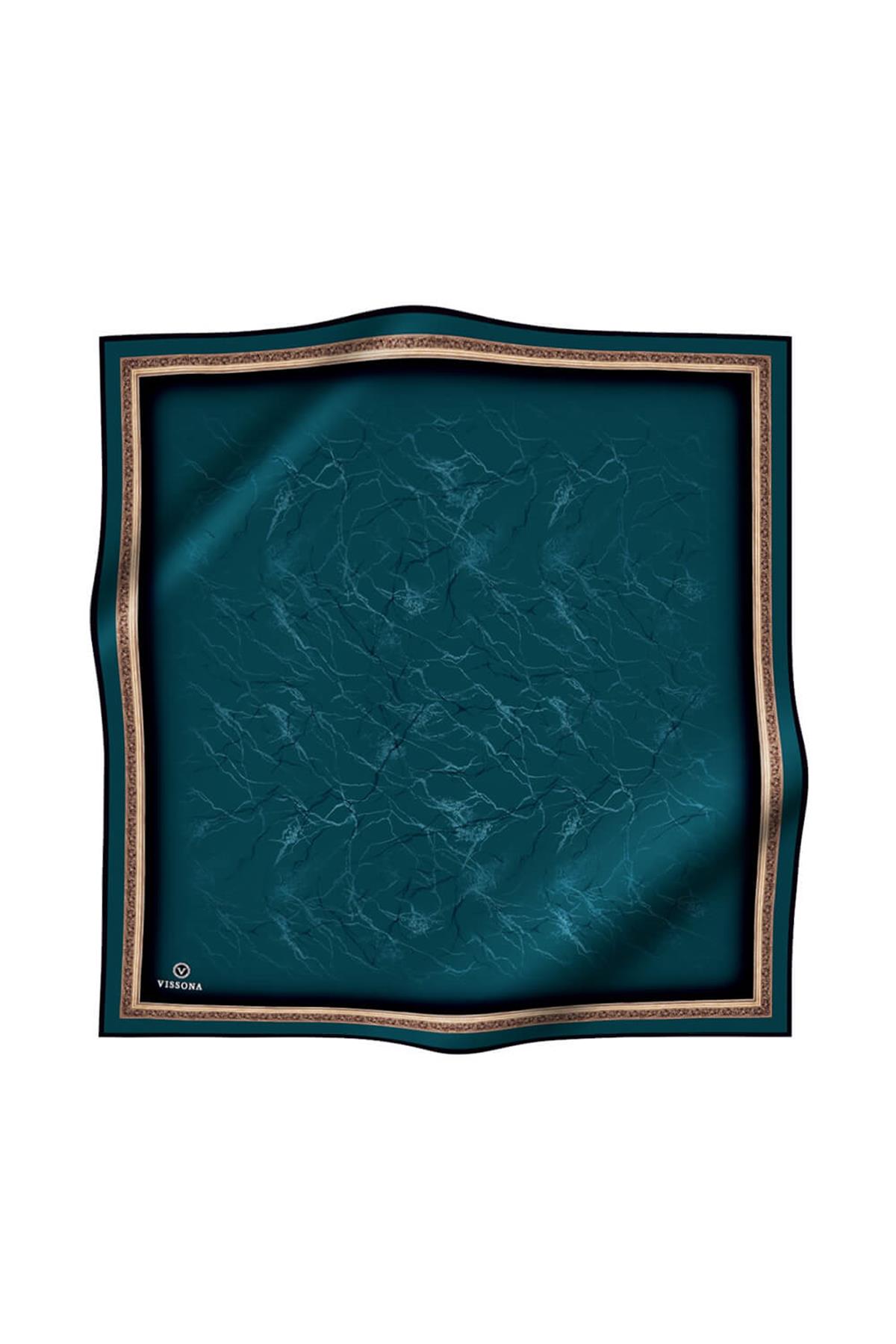 %100 Twill İpek Mermer Desenli Petrol Yeşili Renkli 90x90 Eşarp Dikim Şekli : El Dikişi