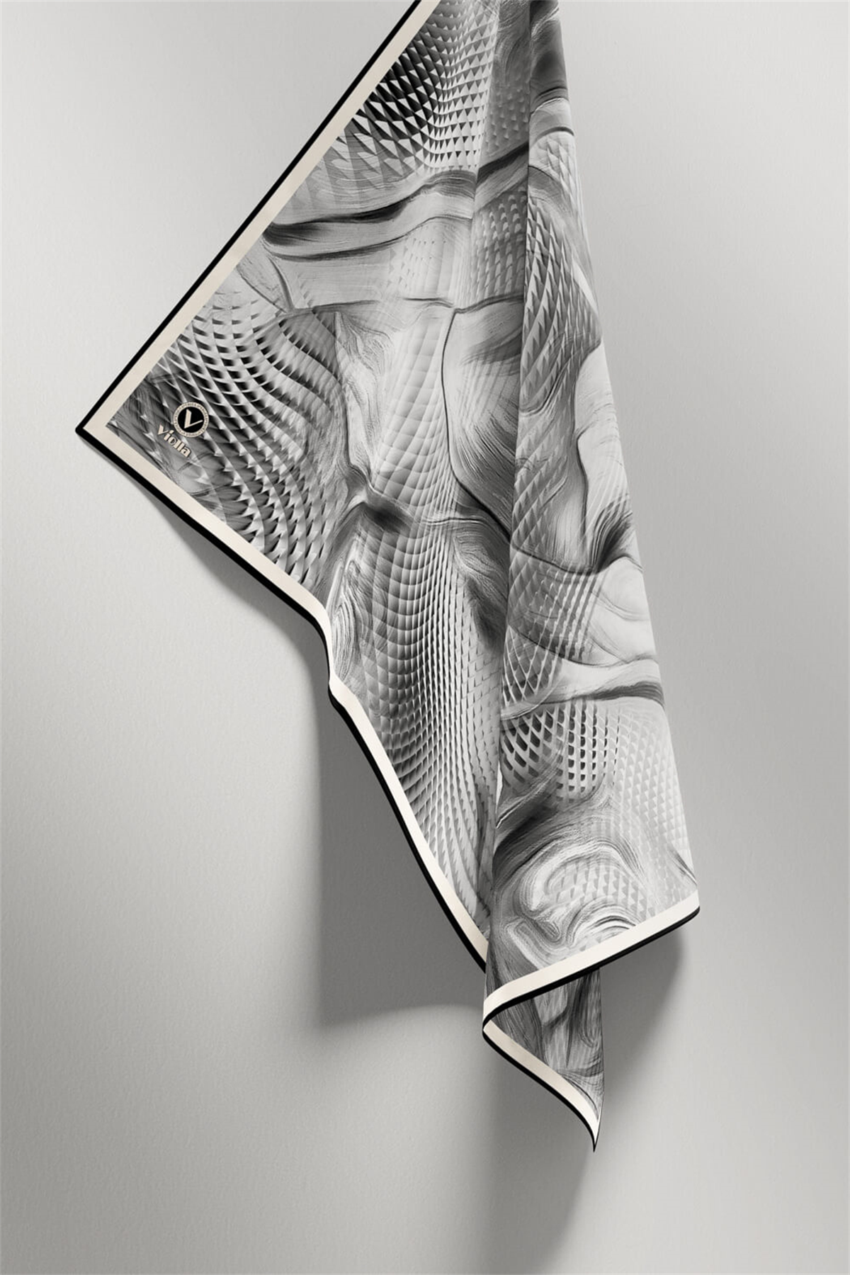 Twill Geometrik Ve Dalga Desenli Gri Renkli 90x90 Eşarp (İpek İçermez) Dikim Şekli : El Dikişi