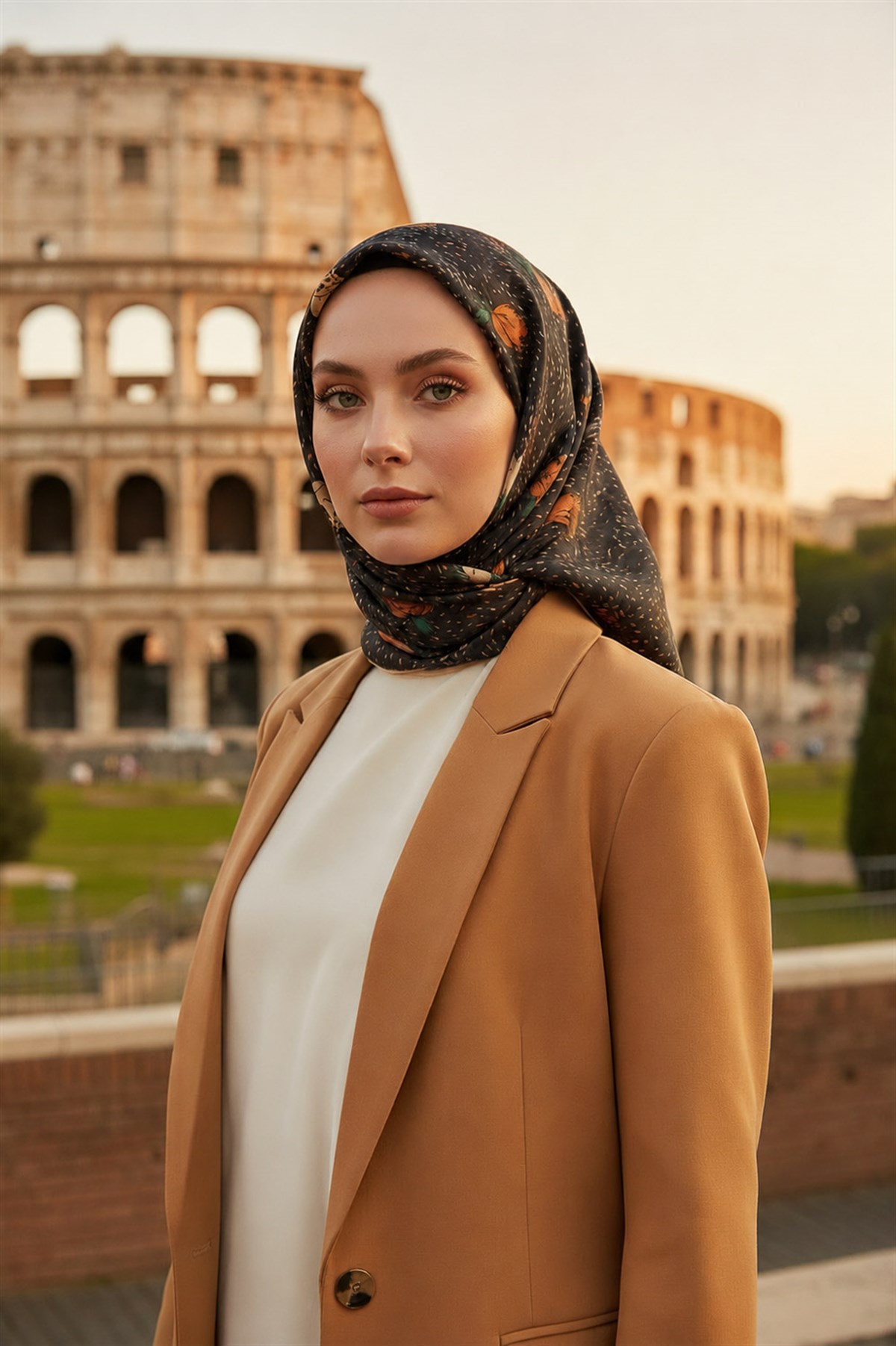 %100 Twill İpek Çıtır Çiçek Desenli Siyah - Taba Renkli 90x90 Eşarp Dikim Şekli : El Dikişi