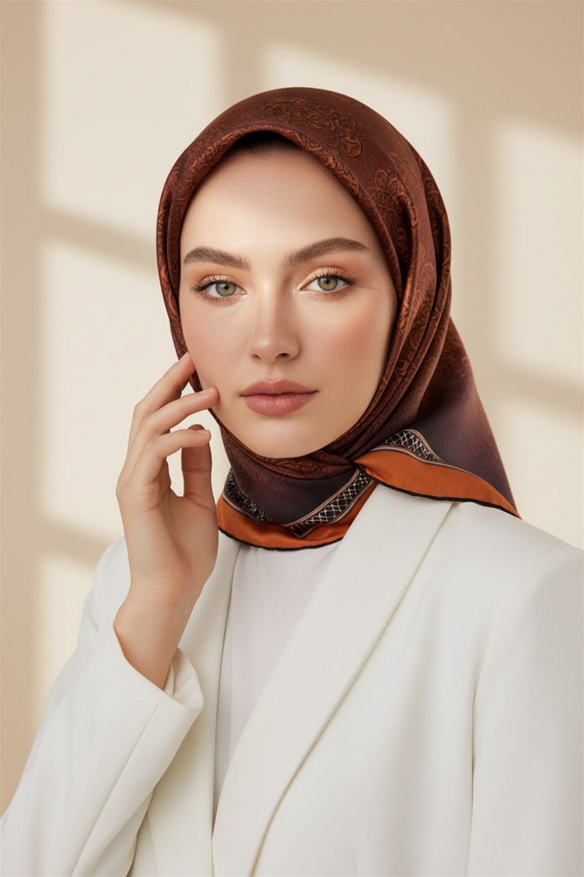 % 57 İPEK % 43 VİSKON Twill Barok Desenli Taba Renkli 90x90 Eşarp Dikim Şekli: El Dikişi