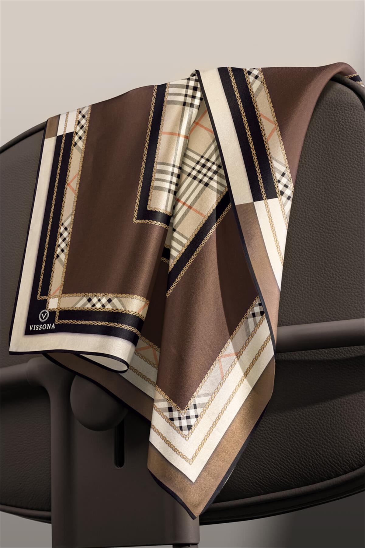 %100 Twill İpek Ekose Desenli Kahverengi Renkli 90x90 Eşarp Dikim Şekli : El Dikişi