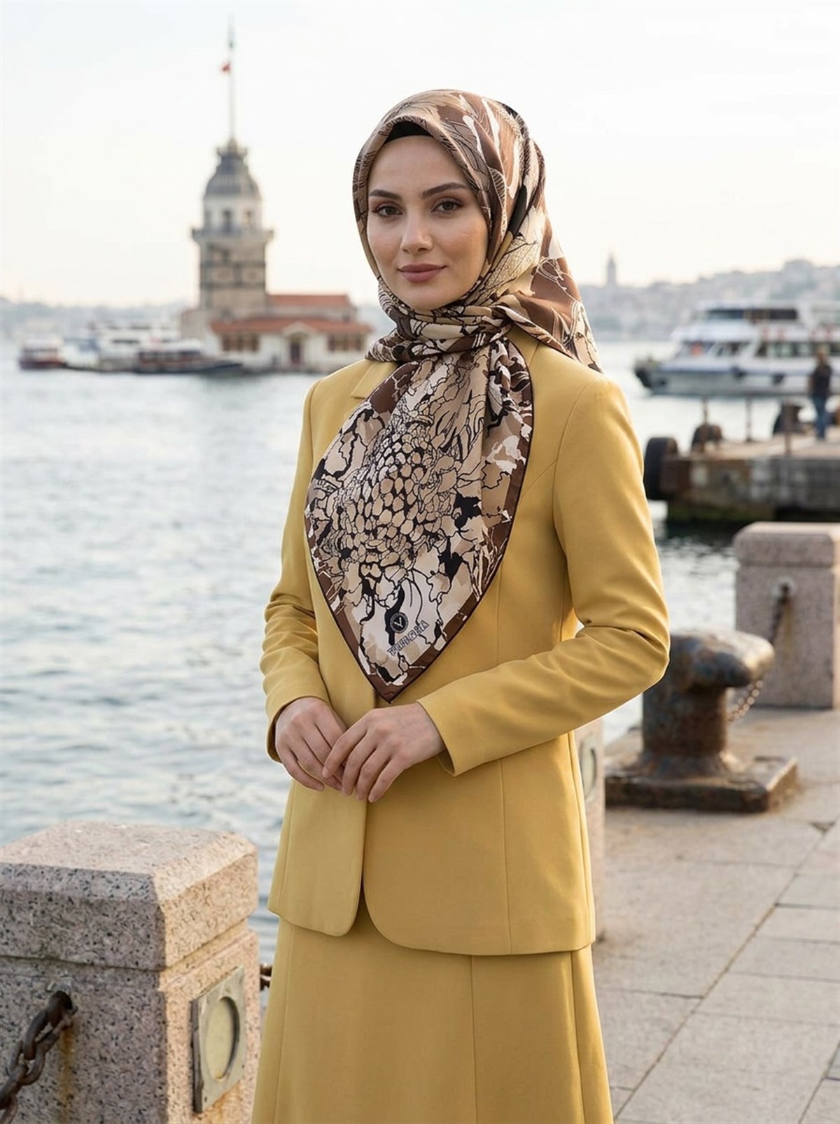 %100 Twill İpek Yaprak Desenli Kahverengi - Bej Renkli 90x90 Eşarp Dikim Şekli : El Dikişi
