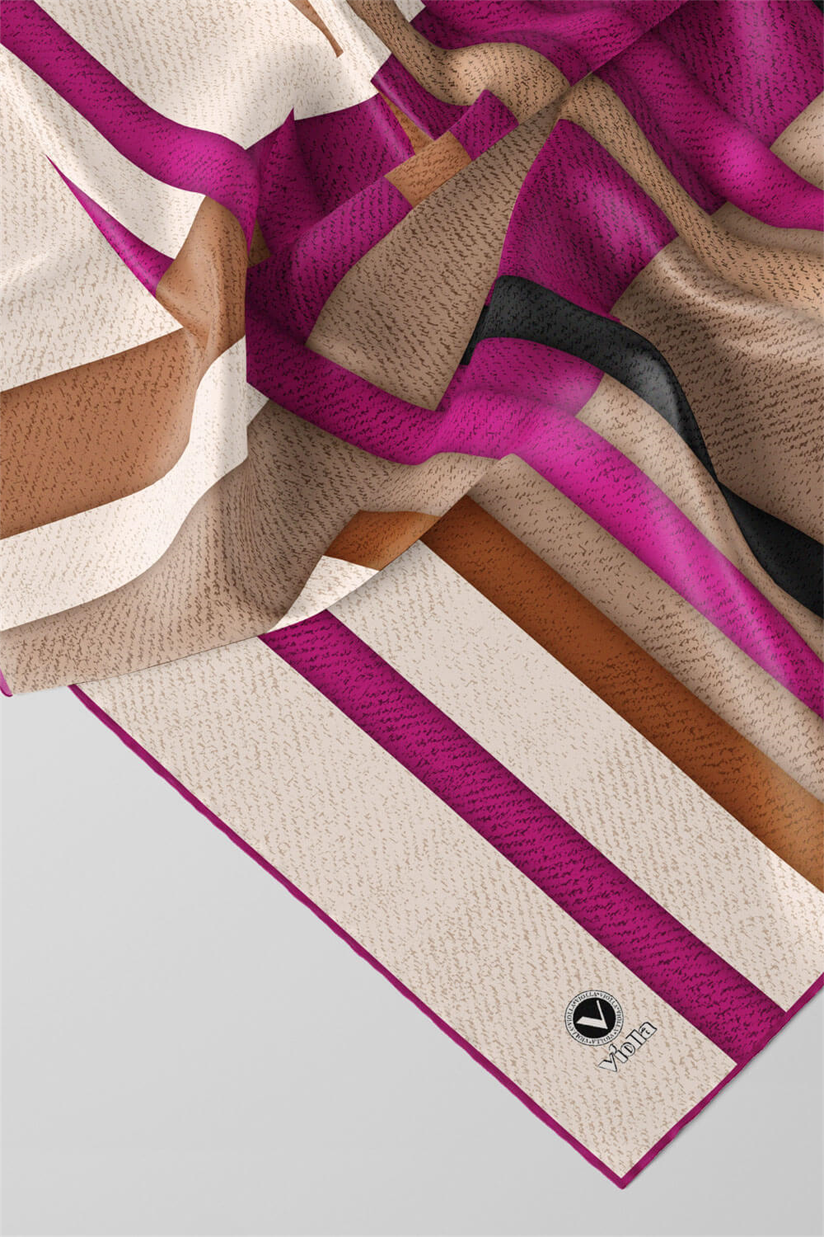 Twill Renkli Şerit Desenli Mürdüm Renkli 90x90 Eşarp (İpek İçermez) Kenar Dikiş Şekli El Dikişli