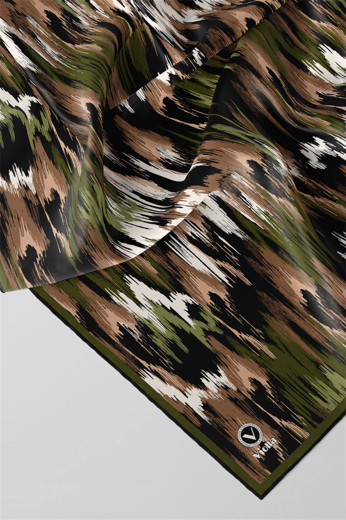 Twill Fırça Desenli Haki Renkli 90x90 Eşarp (İpek İçermez) Kenar Dikiş Şekli El Dikişli