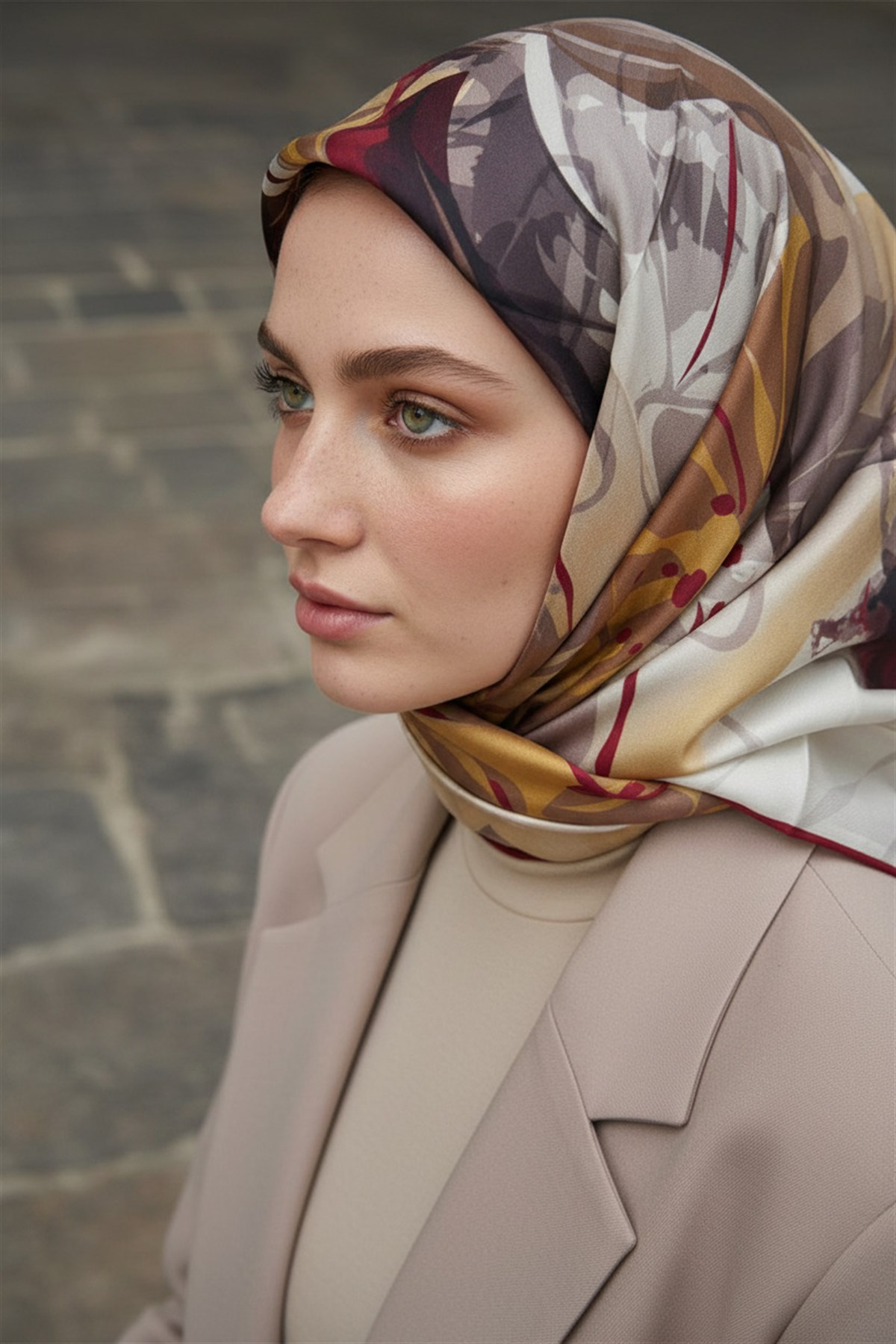 %100 Twill İpek Çiçekli Sulu Boya Dalga Desenli Bej - Bordo Renkli 90x90 Eşarp Dikim Şekli : El Dikişi