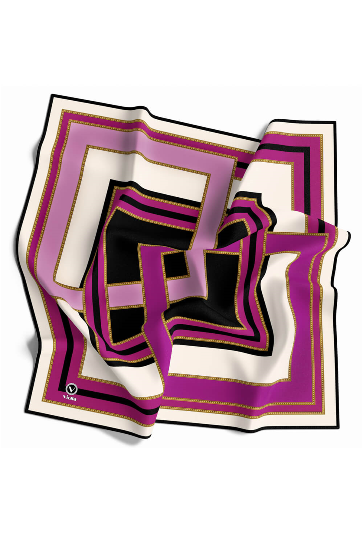Twill Çerçeve Desenli Mürdüm - Siyah Renkli 90x90 Eşarp (İpek İçermez) Kenar Dikiş Şekli El Dikişli