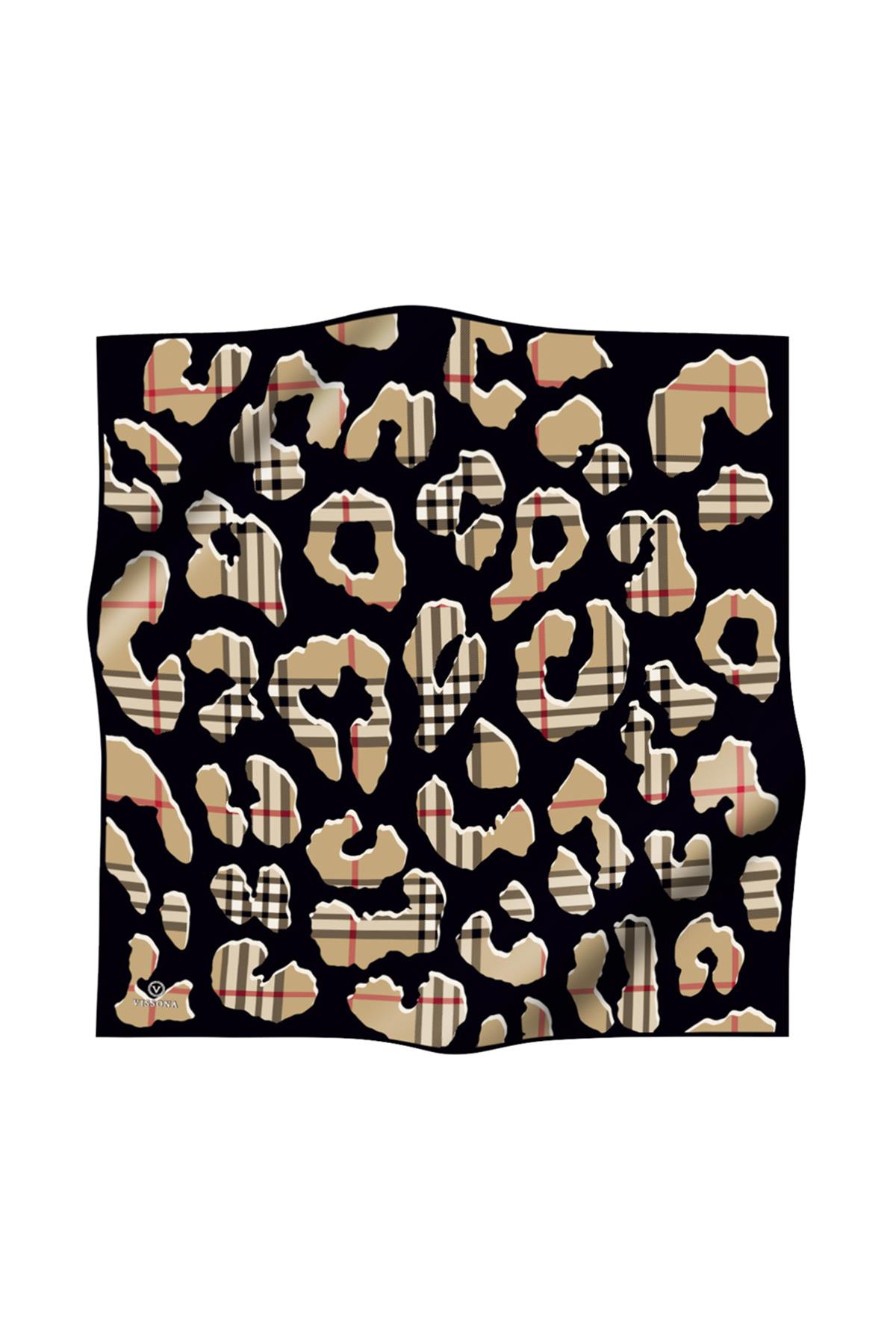 %100 Twill İpek Leopar Desenli Siyah - Bej Renkli 90x90 Eşarp Dikim Şekli : El Dikişi