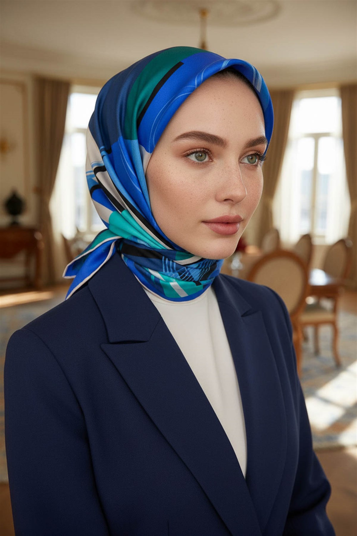 %100 Twill İpek Geometrik Desenli Saks - Mint Yeşili Renkli 90x90 Eşarp Dikim Şekli : El Dikişi