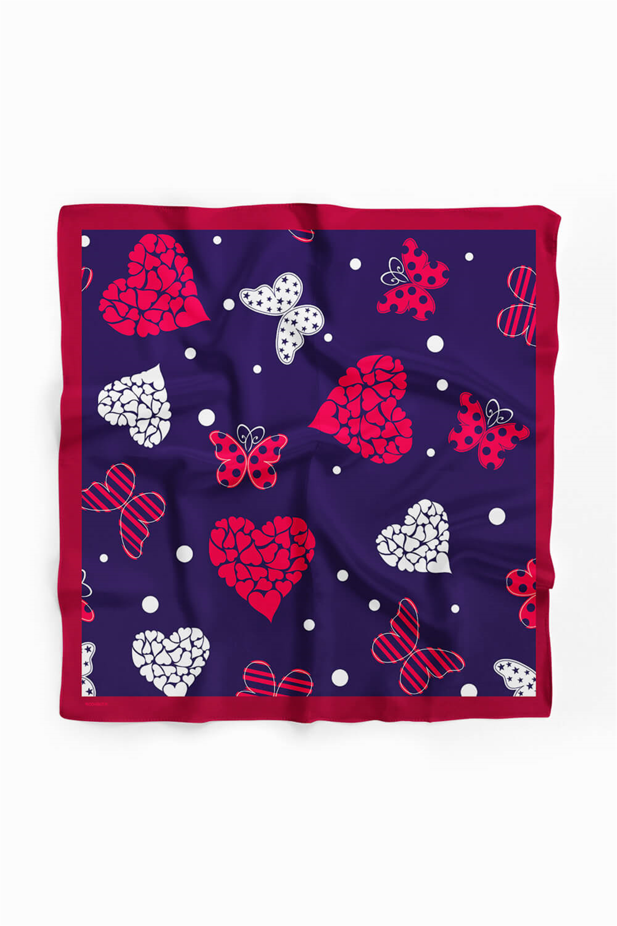 Y16 Kadın Kalp Ve Kelebek Desenli Bandana 50x50 Kırmızı Beyaz Mavi DG0471-22