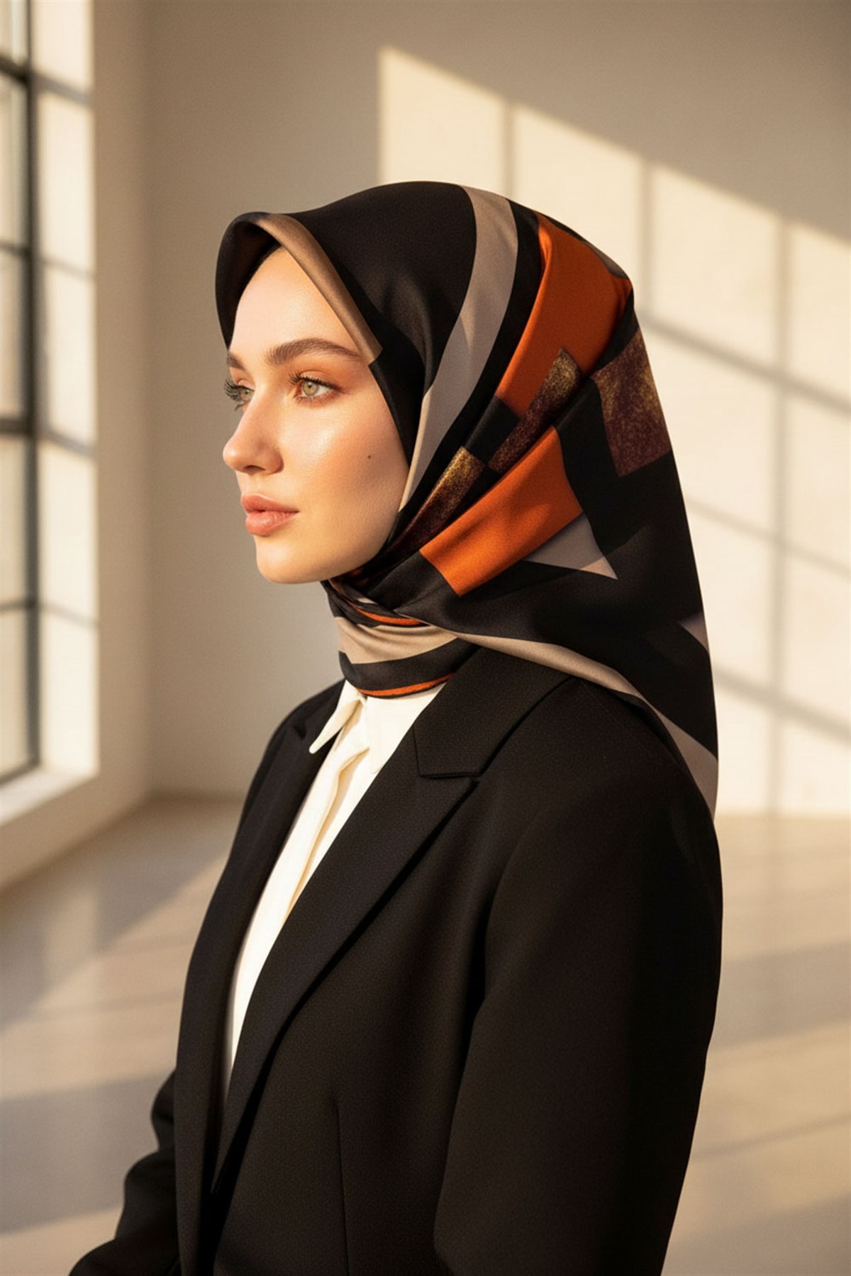 %100 Twill İpek Karo Desenli Bej - Taba Renkli 90x90 Eşarp Dikim Şekli : El Dikişi