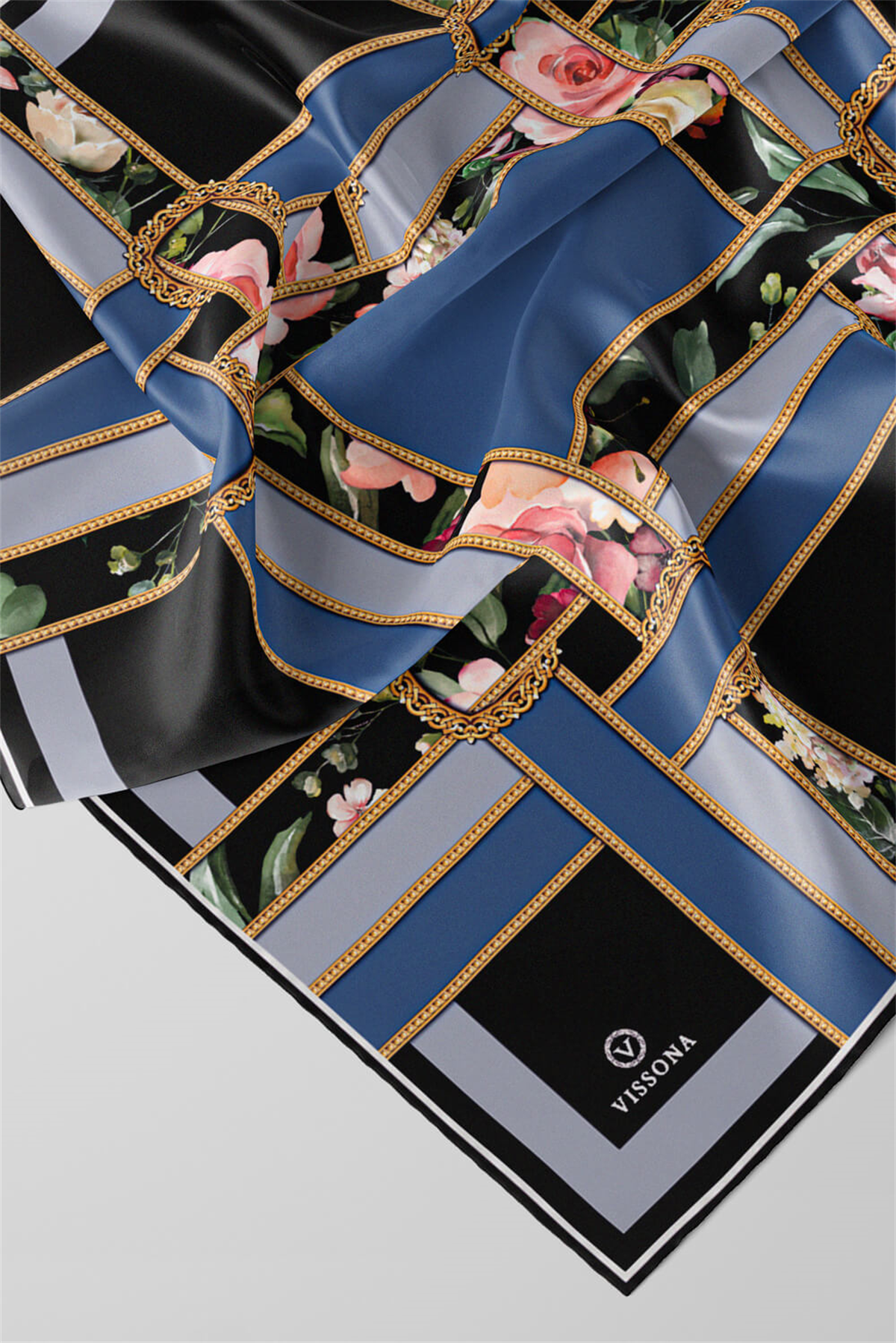 %100 Twill İpek Şeritleri Kemerli Ve Çiçek Desenli İndigo - Gri Renkli 90x90 Eşarp Dikim Şekli : El Dikişi