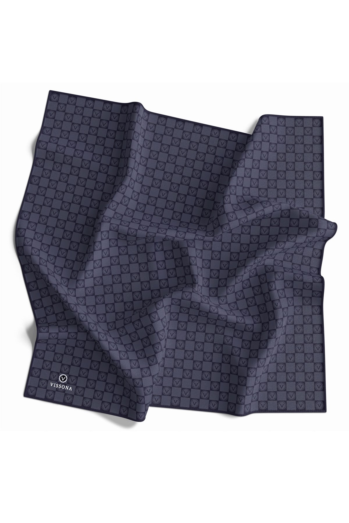 %100 Twill İpek Monogram Desenli Füme Renkli 90x90 Eşarp Dikim Şekli : El Dikişi