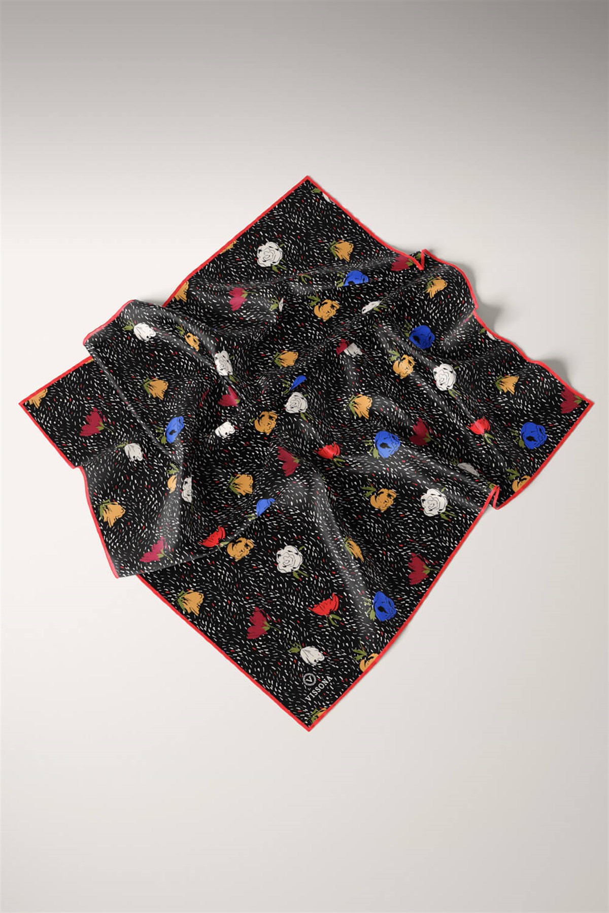 %100 Twill İpek Çıtır Çiçek Desenli Kırmızı - Saks Renkli 90x90 Eşarp Dikim Şekli : El Dikişi