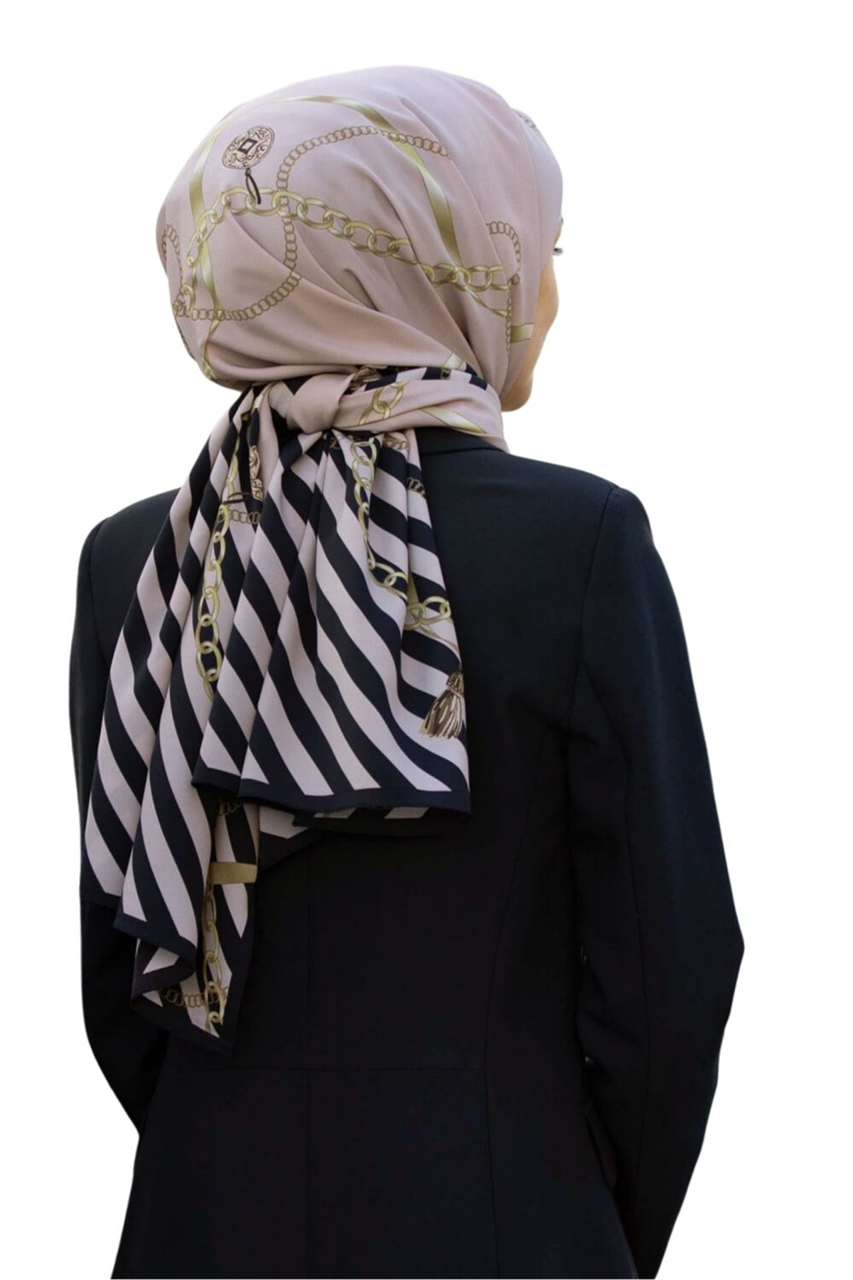LÜKS MEDİNE İPEĞİ ÇİZGİLİ DESENLİ VİZON - SİYAH RENKLİ 75X195 KIRIŞMAZ ŞAL MOSS KREP DİKİŞ TİPİ İTALYAN DİKİŞLİ