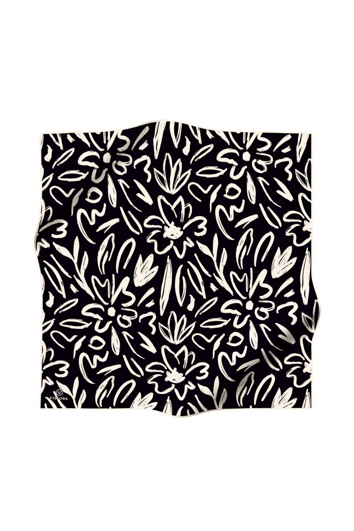 % 57 İPEK % 43 VİSKON Twill İpek Büyük Çiçek Desenli Siyah - Krem Renkli 90x90 Eşarp Dikim Şekli : El Dikişi