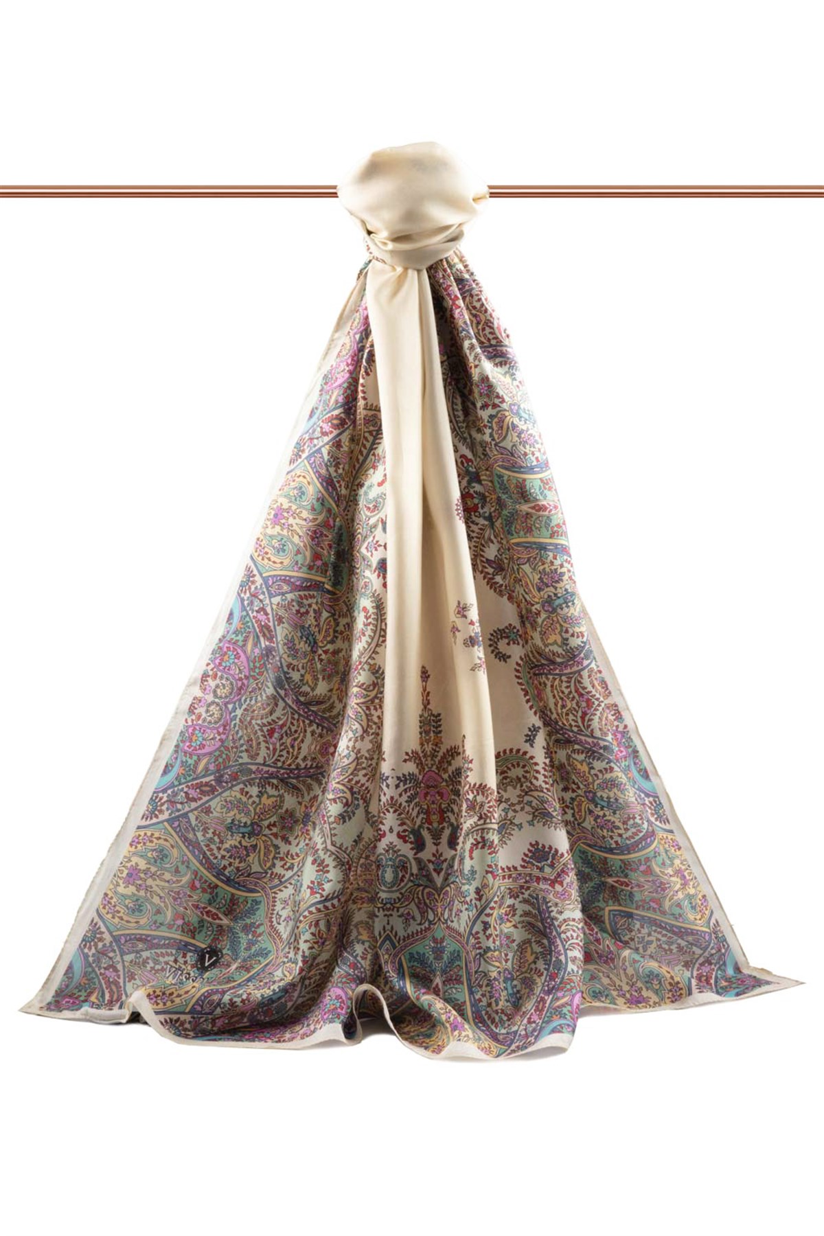 %100 İpek Etnik Desenli Krem - Haki Renkli 92x210 Şal