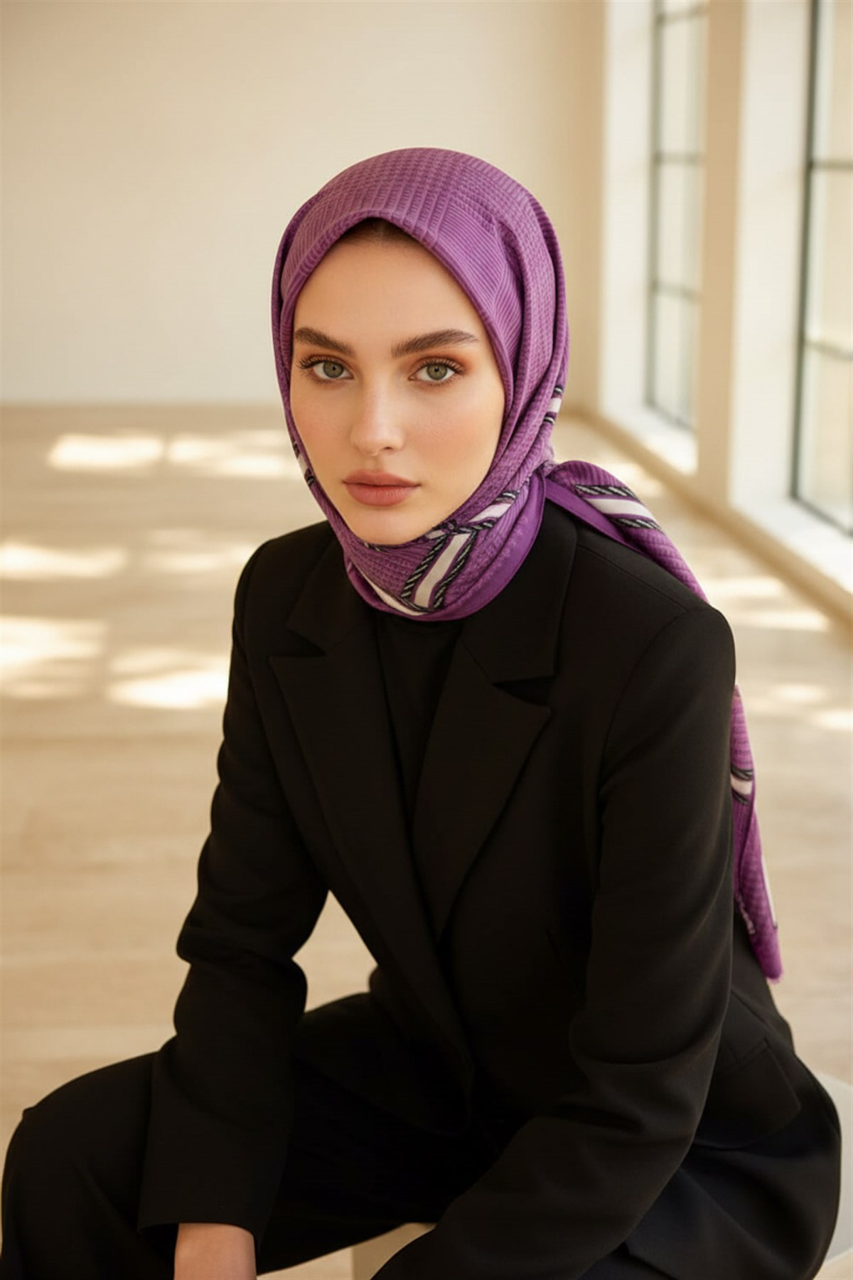 %100 Saf İpek Şal İnce Saten Vual Dokuma Doku Desenli 90x210 Şal