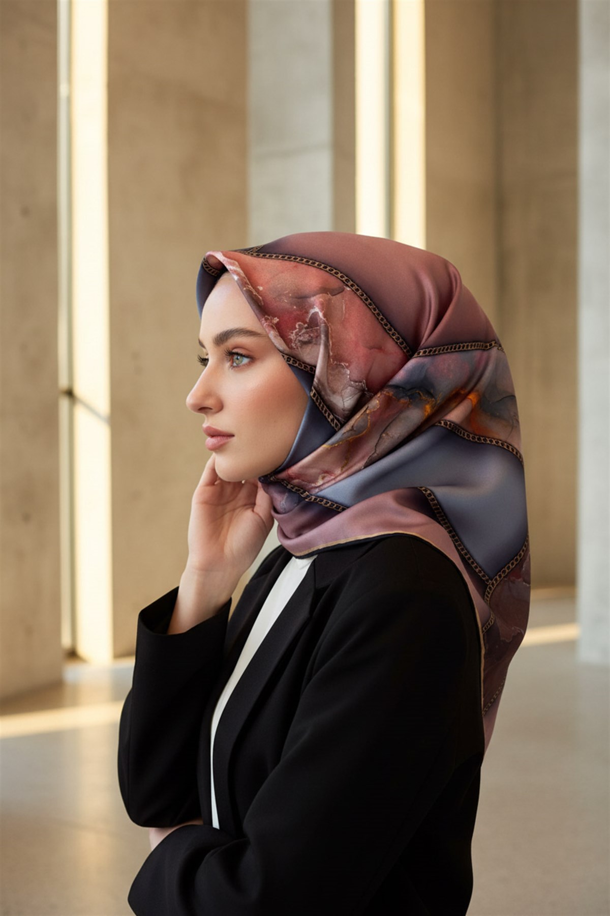 %100 Twill İpek Efektli Bant Desenli Pudra - Gri Renkli 90x90 Eşarp Dikim Şekli : El Dikişi