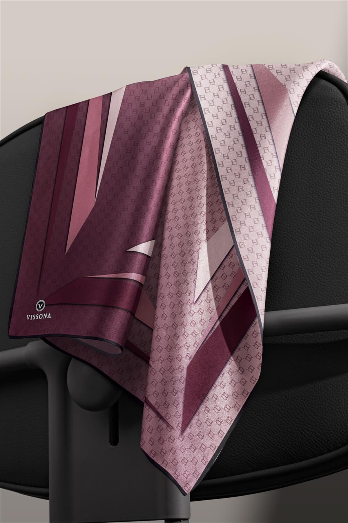 %100 Twill İpek Degrade Desenli Şarabi - Gül Kurusu Renkli 90x90 Eşarp Dikim Şekli : El Dikişi