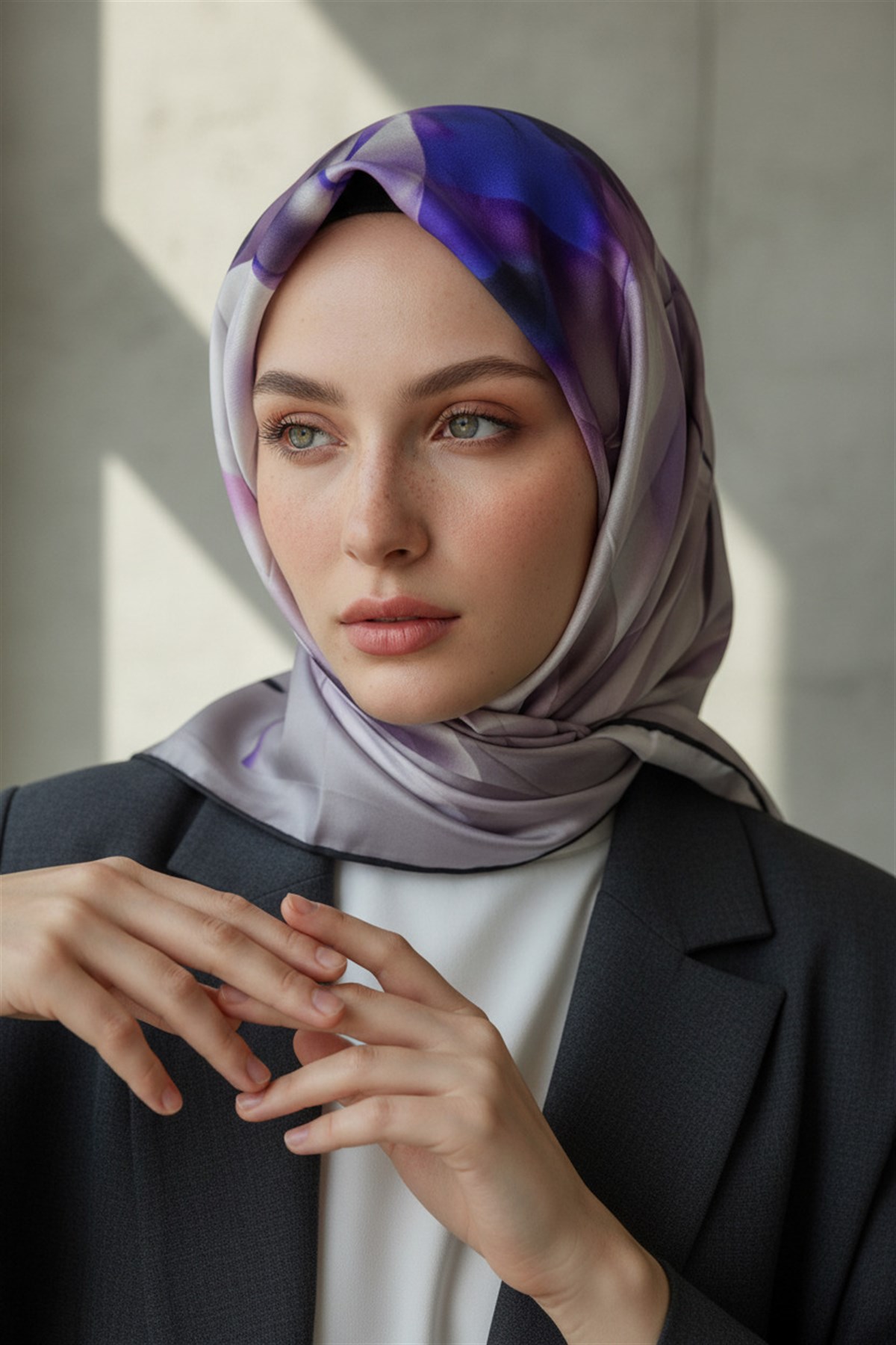 %100 Twill İpek Büyük Çiçek Desenli Gri - Saks Renkli 90x90 Eşarp Dikim Şekli : El Dikişi